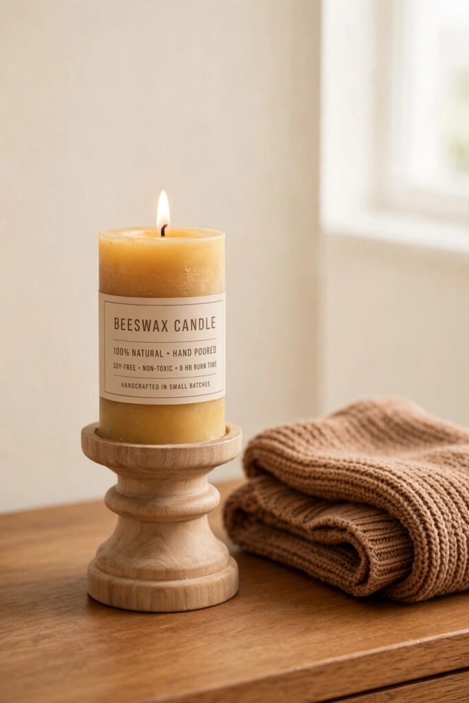 Beeswax candle in a wooden holder bringing warmth to rustic Christmas vanity decor