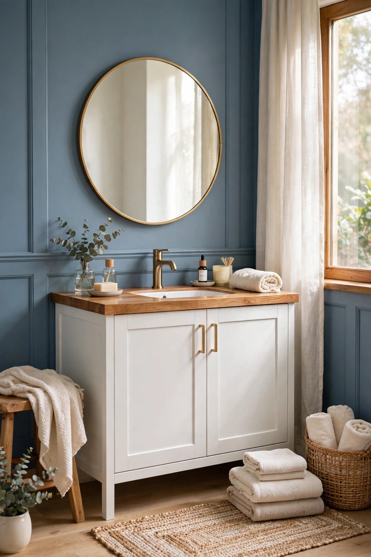 Spa-like bathroom with dusty blue board and batten walls, white vanity, and soft natural light