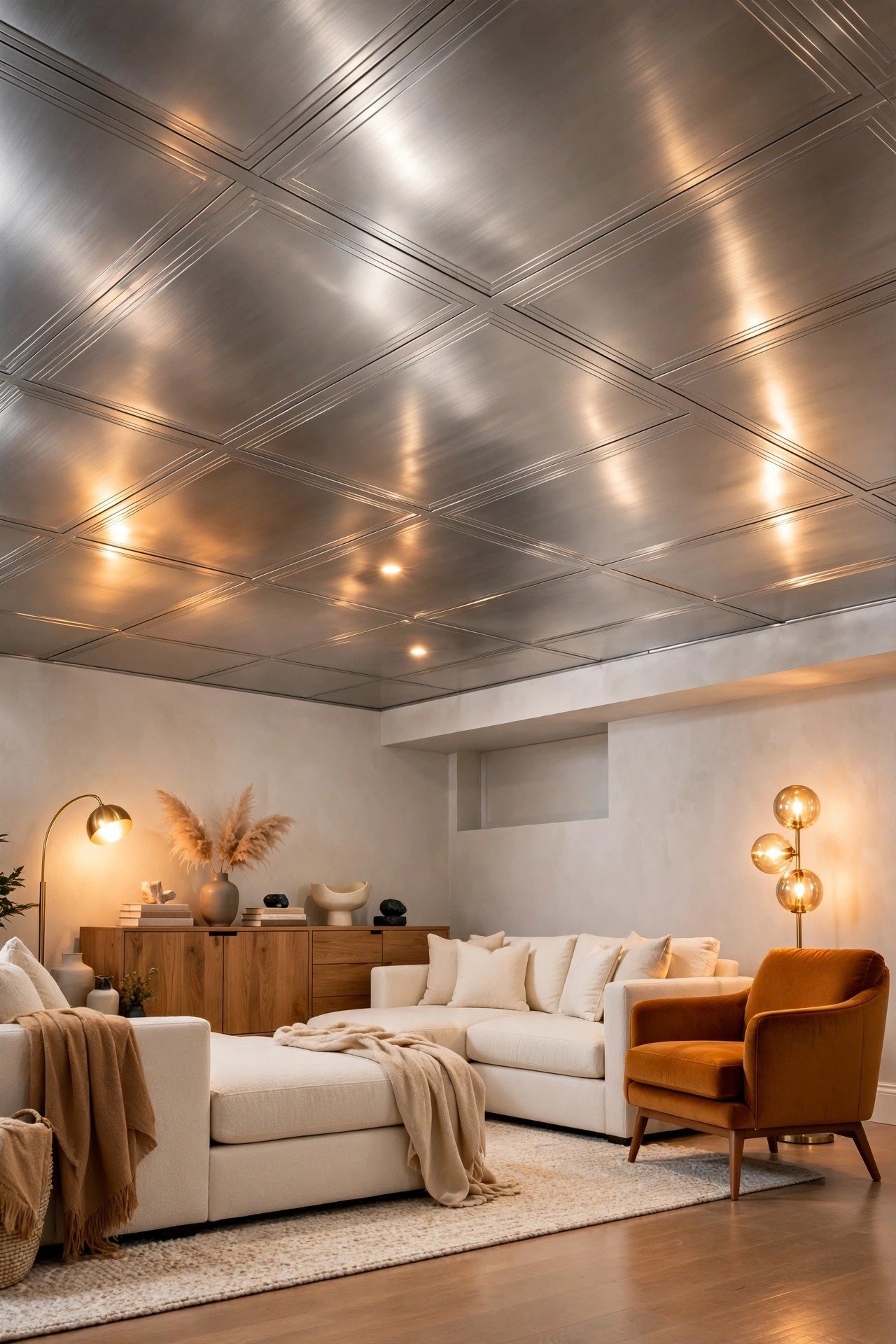 Contemporary basement lounge with brushed metal ceiling panels in a soft silver finish, reflecting warm lamplight