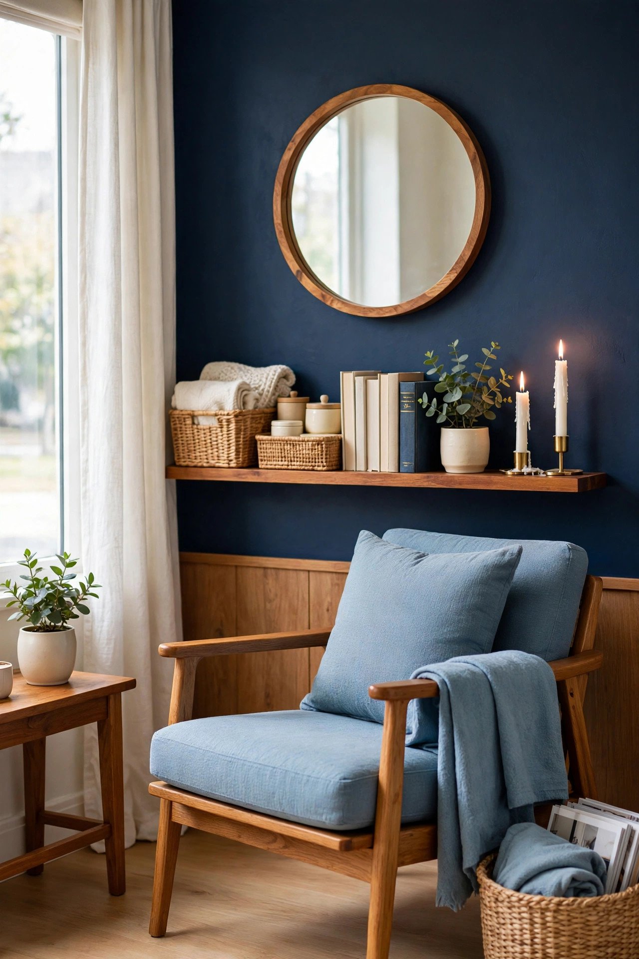 Cozy reading nook with deep navy wall, round mirror, and taper candles