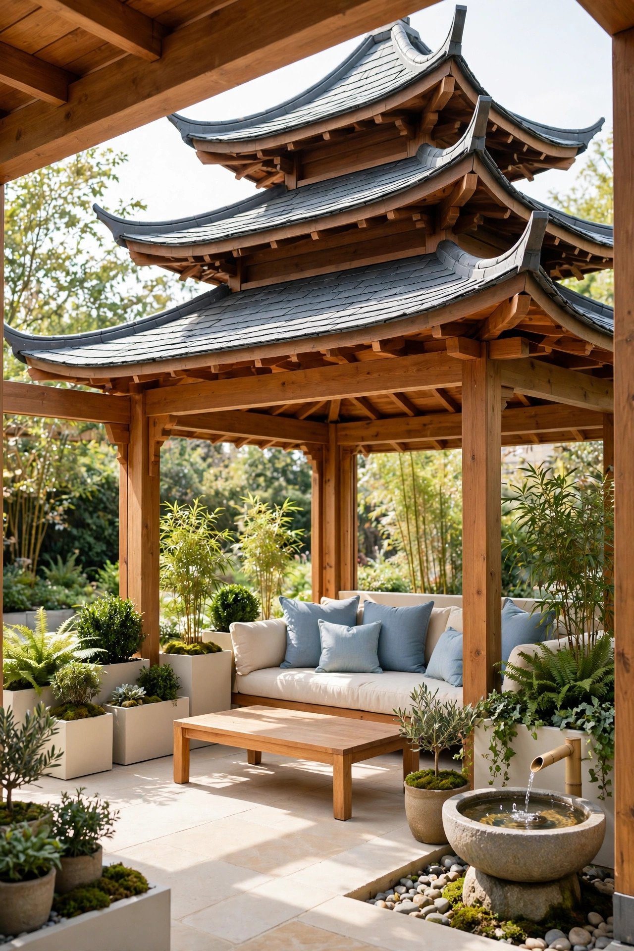 Covered patio with canvas pop-up canopy and cushions