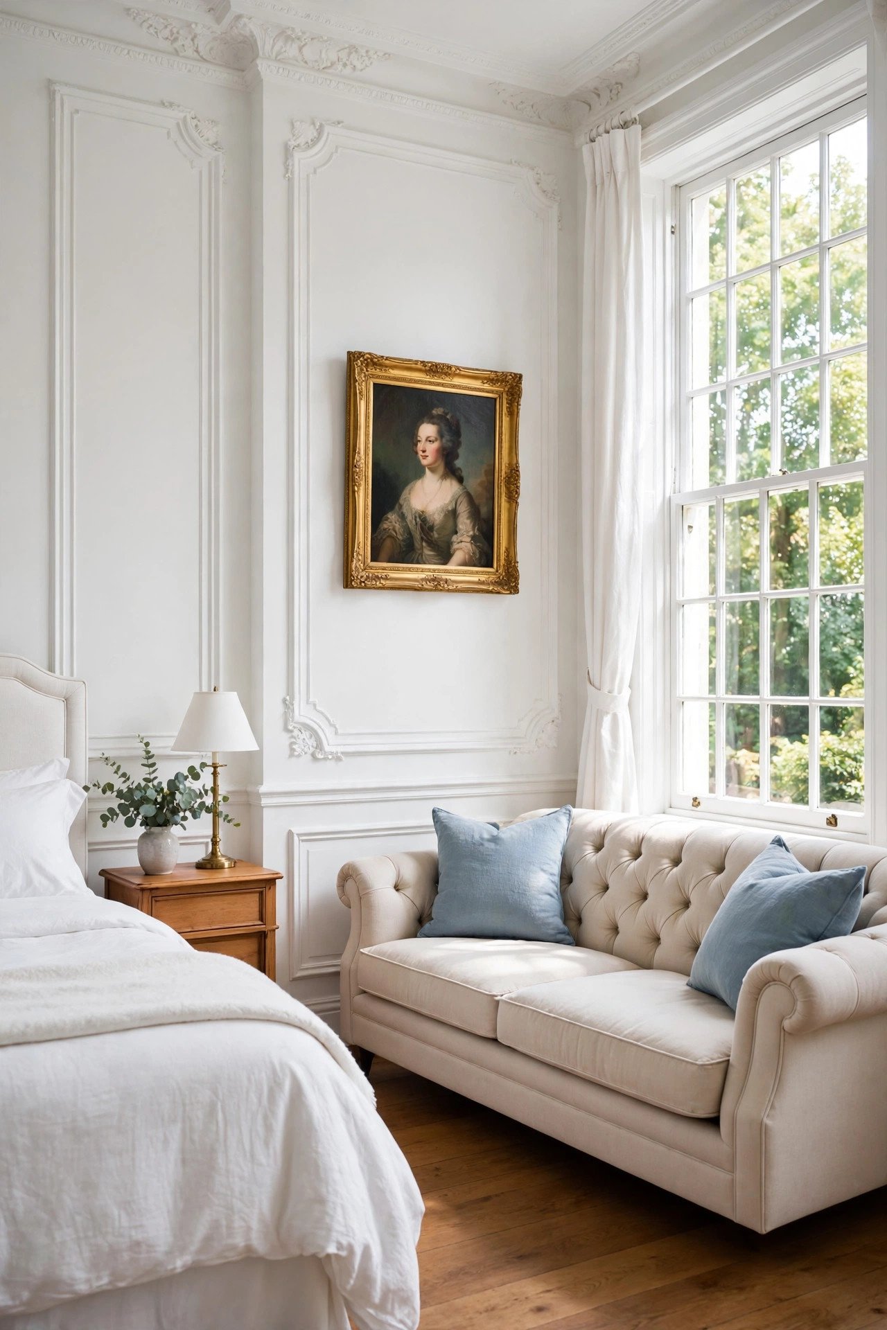 Classic white bedroom with elegant wall moldings, an old-fashioned portrait, and a tufted sofa by the window