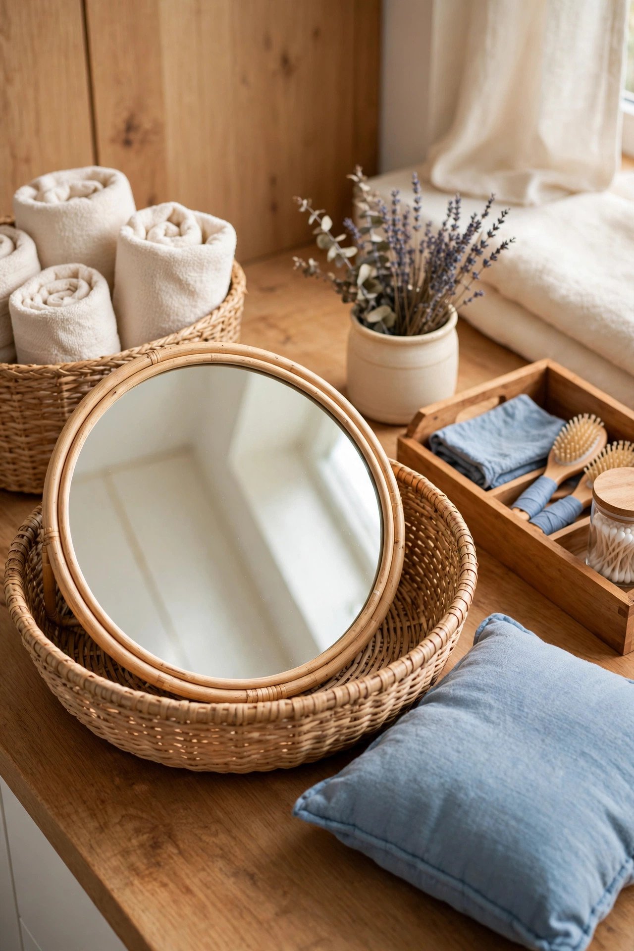 Mirror set inside a shallow woven basket frame