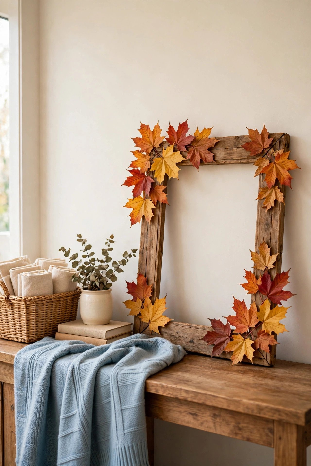Old wooden frame decorated with fall leaves and warm tones