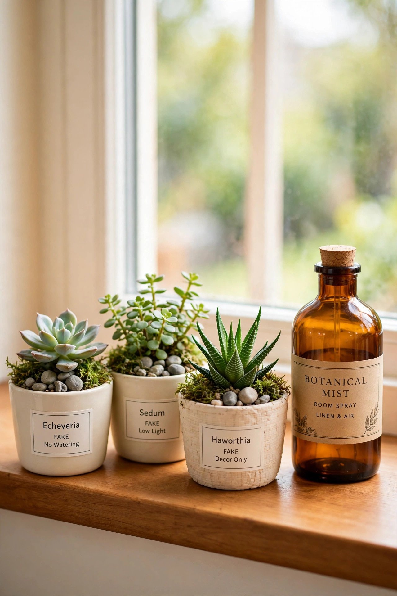 Fake succulent display in small pots clustered with moss and pebbles on a windowsill in amber tones