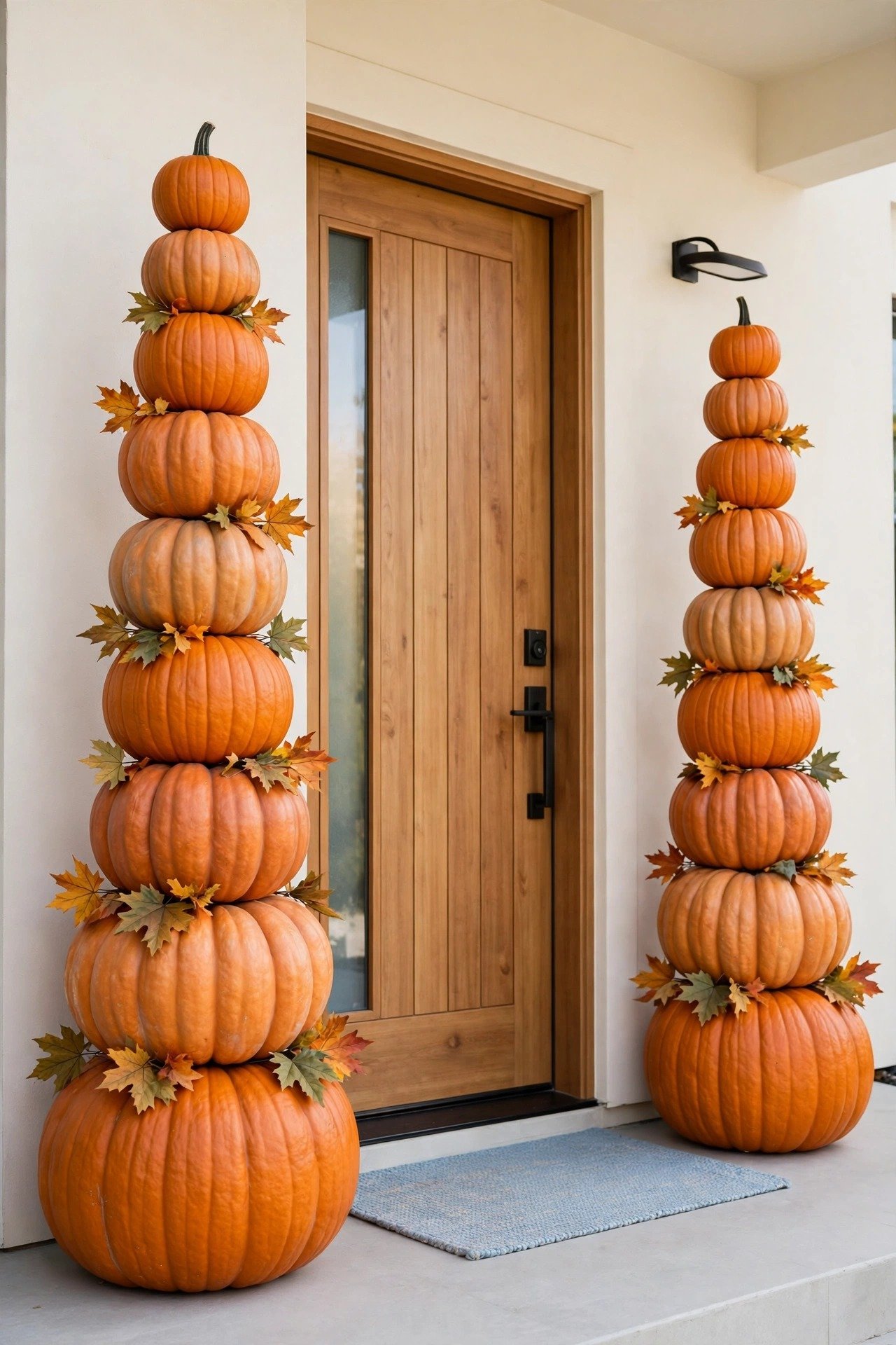 Two matching towers of stacked pumpkins in graduating sizes flanking a front door