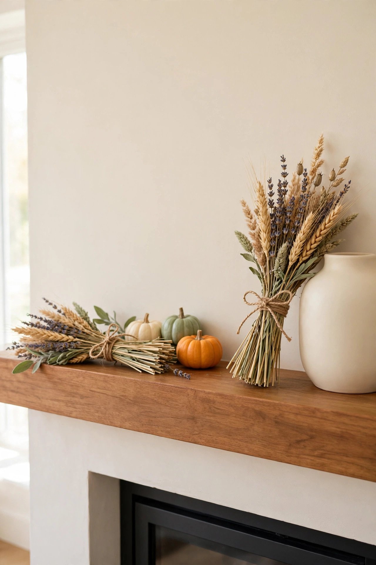 Small bundles of dried wheat and lavender tied with twine, leaning against a vase on a fall mantel