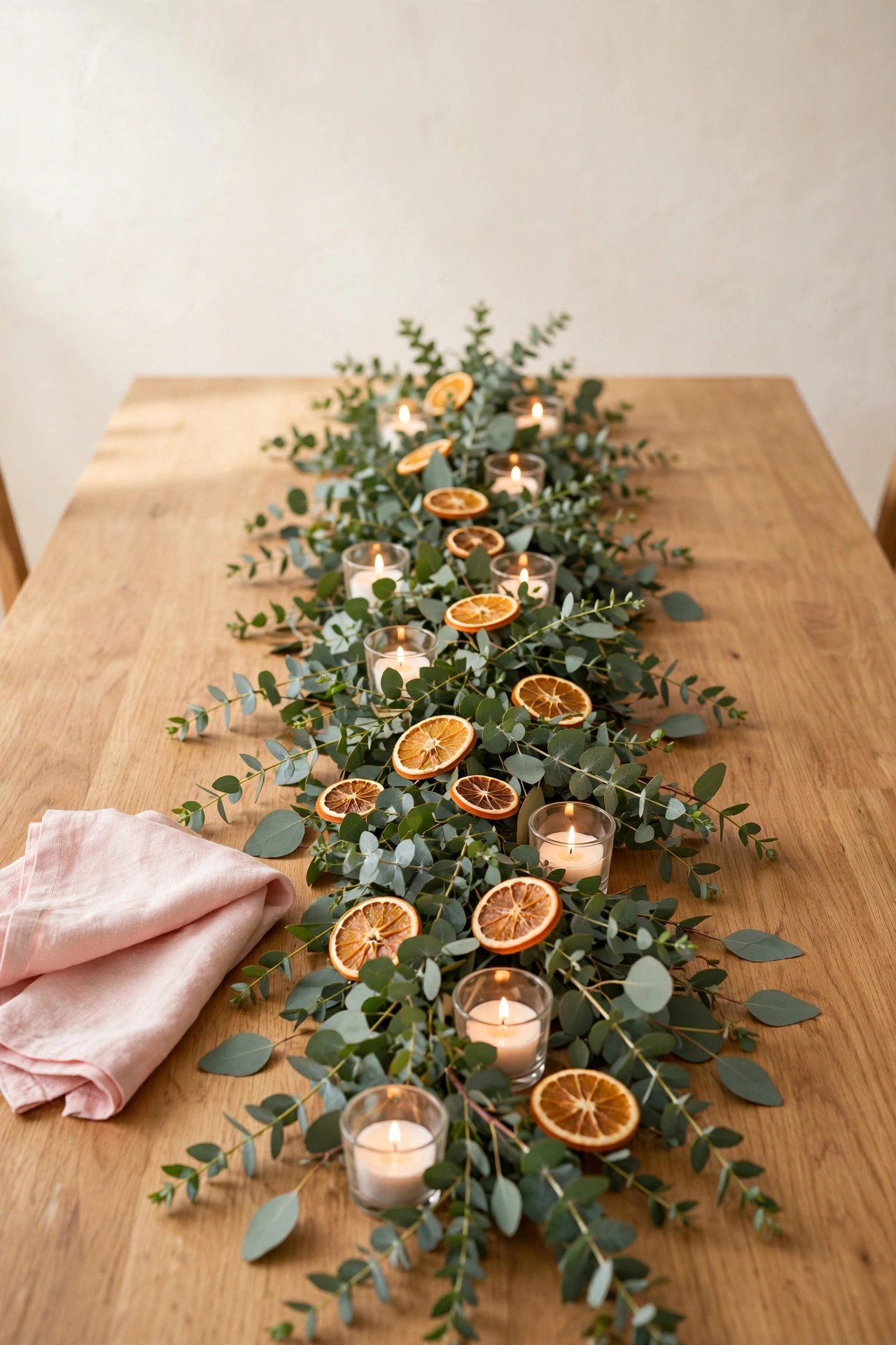 A garland of eucalyptus and dried orange slices running down a table