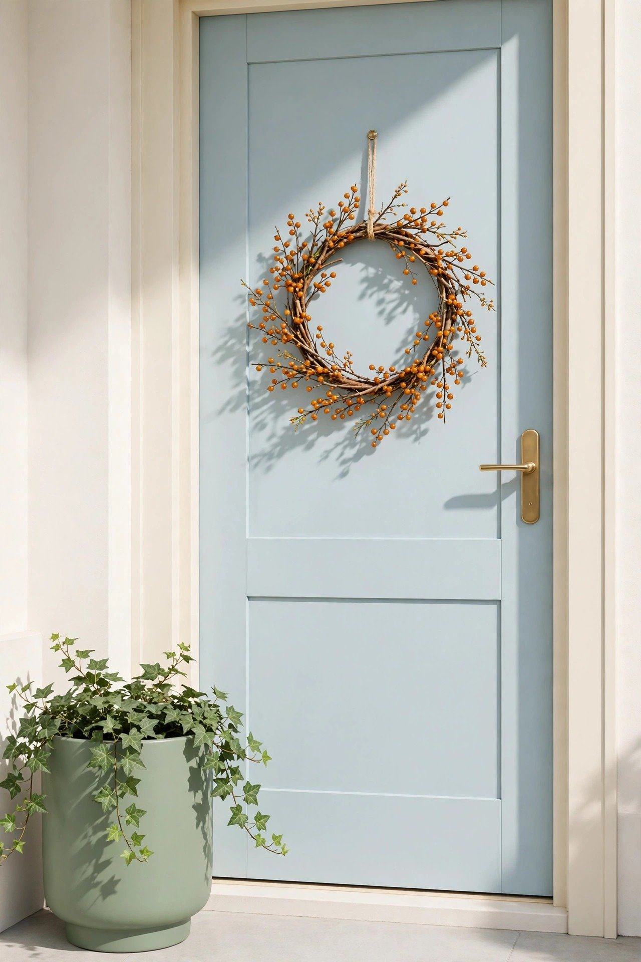 Delicate wreath of tiny amber berries on sprigs circling a natural twig ring on a pale blue door