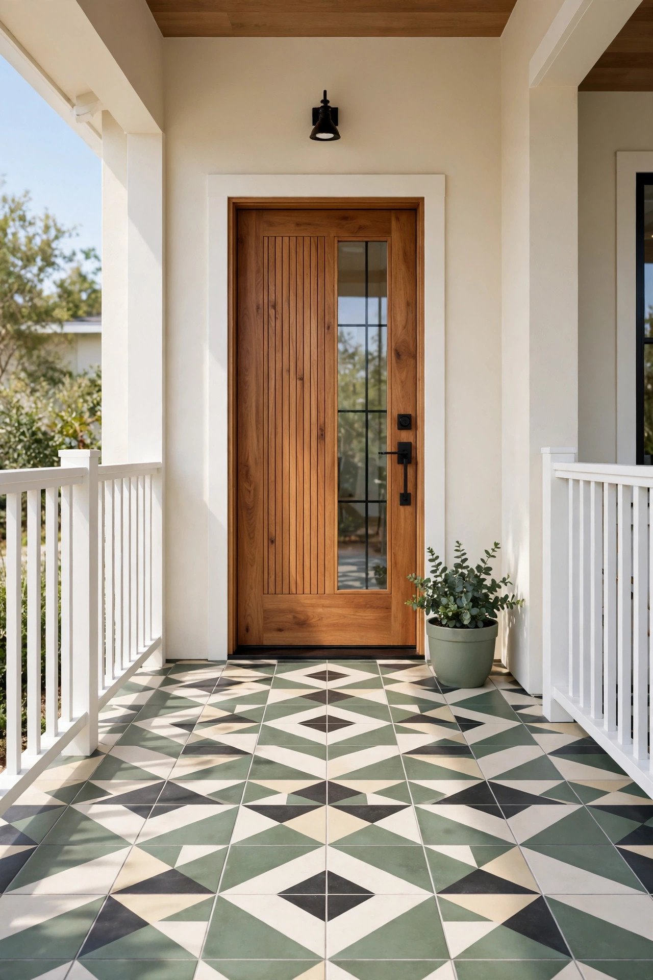 Geometric patterned tiles on a modern front porch floor