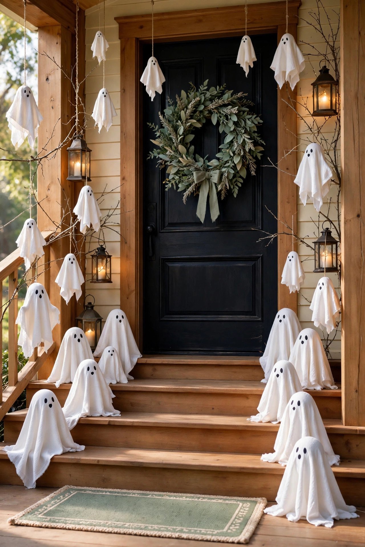 Dark doorway with white ghost figures lined along the steps and warm glowing lights