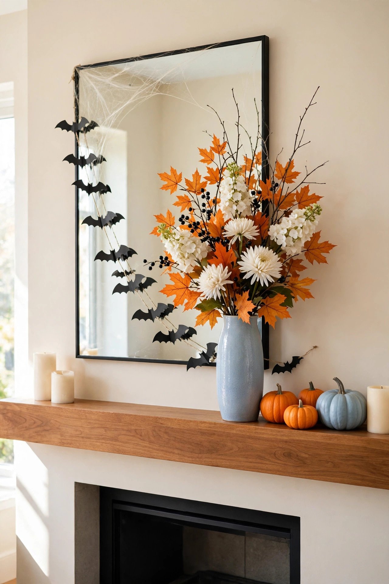 Mantel with autumn flowers in a tall vase, pumpkins and paper bats