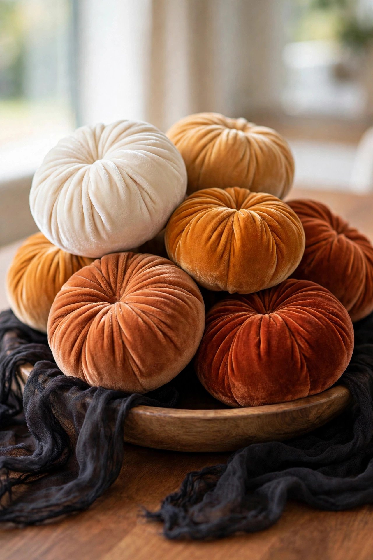 Velvet pumpkins in amber, terracotta and cream arranged as a soft Halloween table centerpiece
