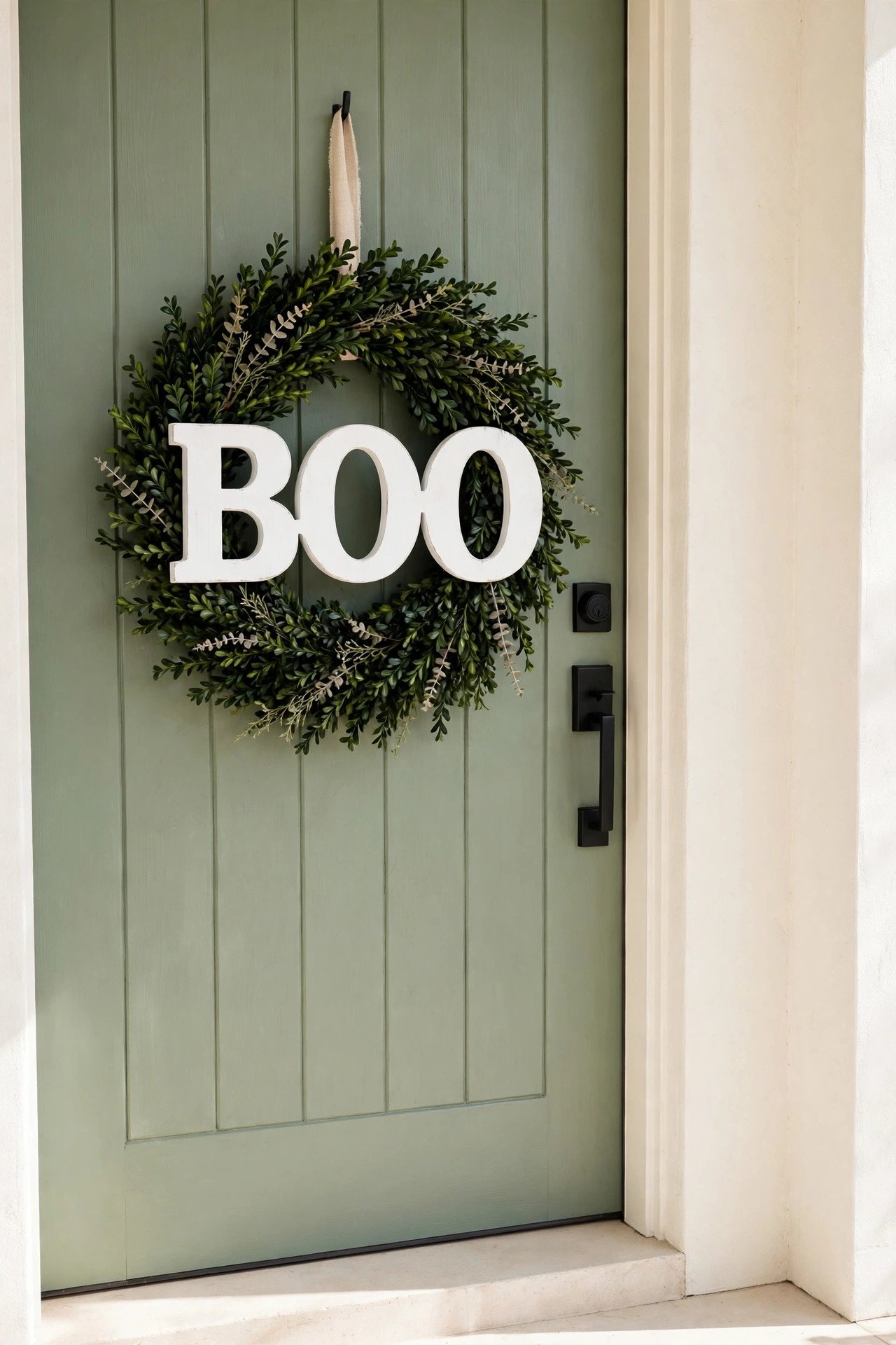 Halloween wreath of dark greenery with bold white wooden letters spelling BOO