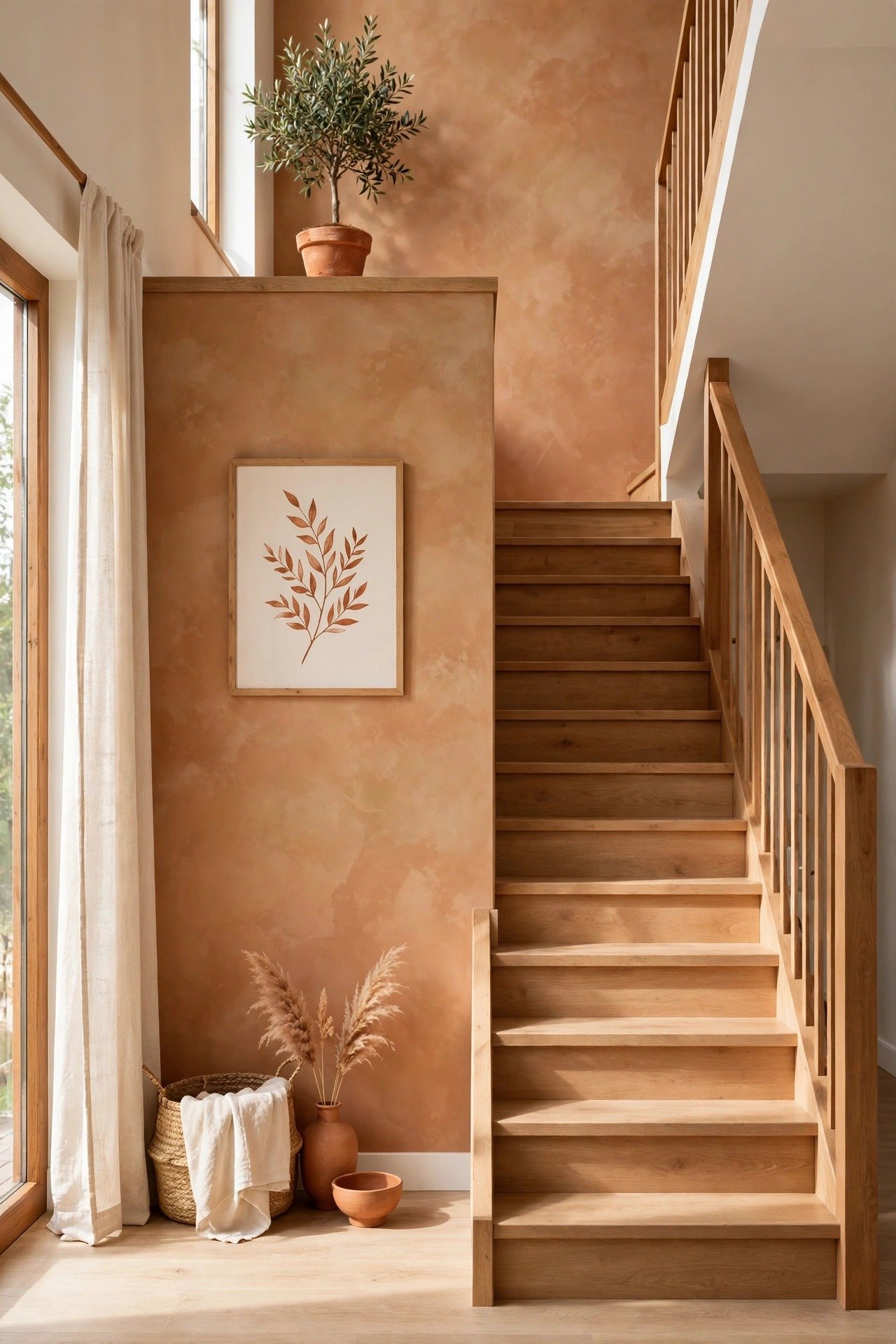 Clay colored limewash wall with warm texture along a staircase with wooden railing