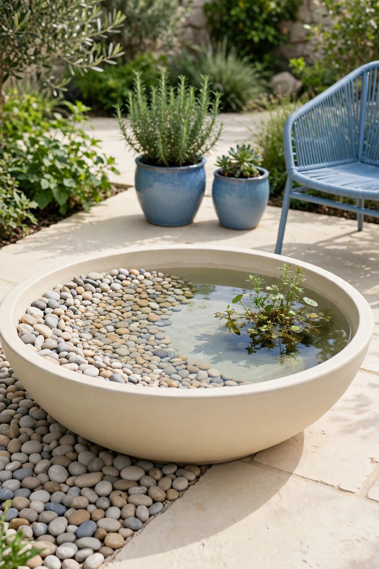Mini pond with a pebble beach for bathing birds