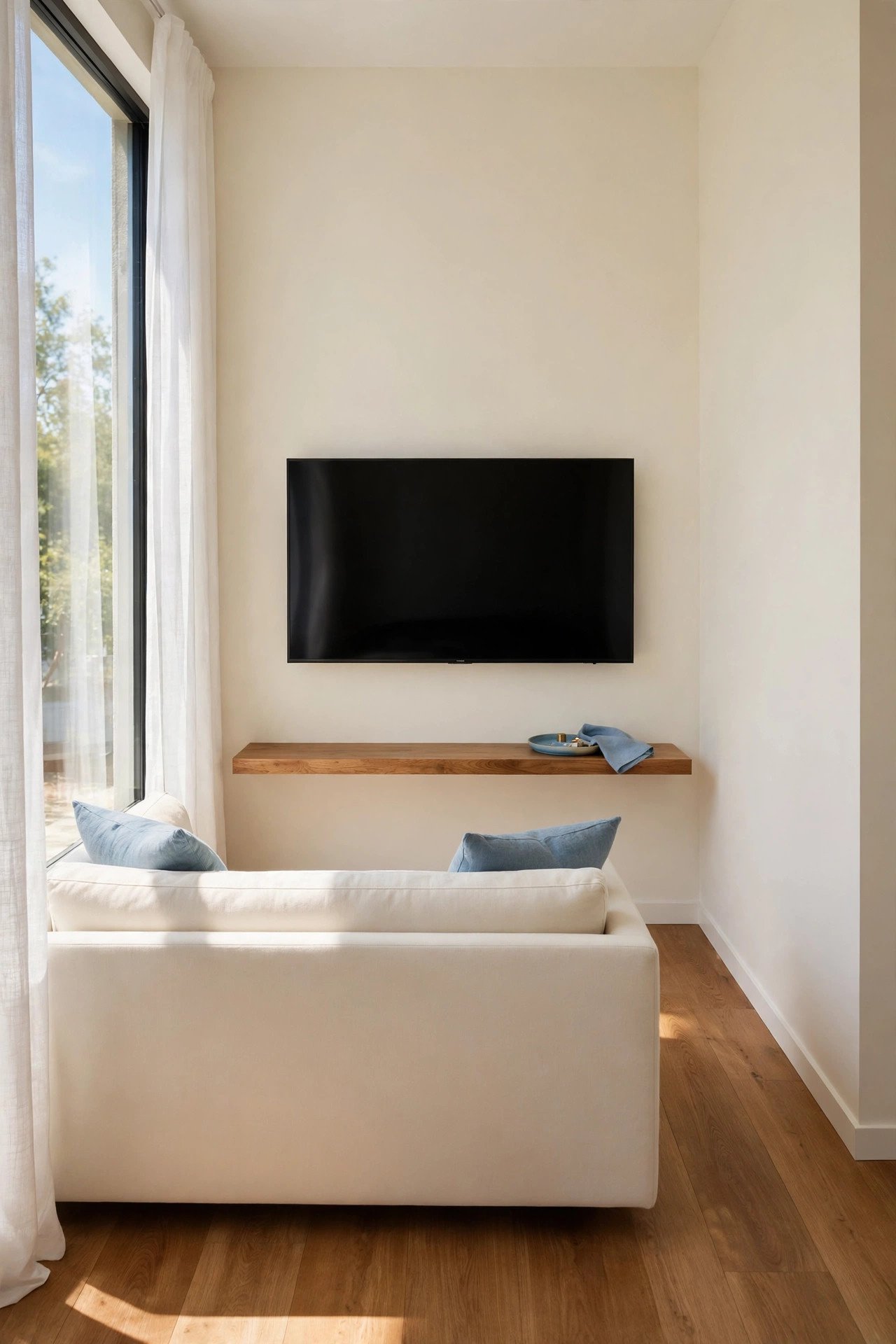 Wall mounted TV in a narrow living room with a slim floating console below keeping floor space clear
