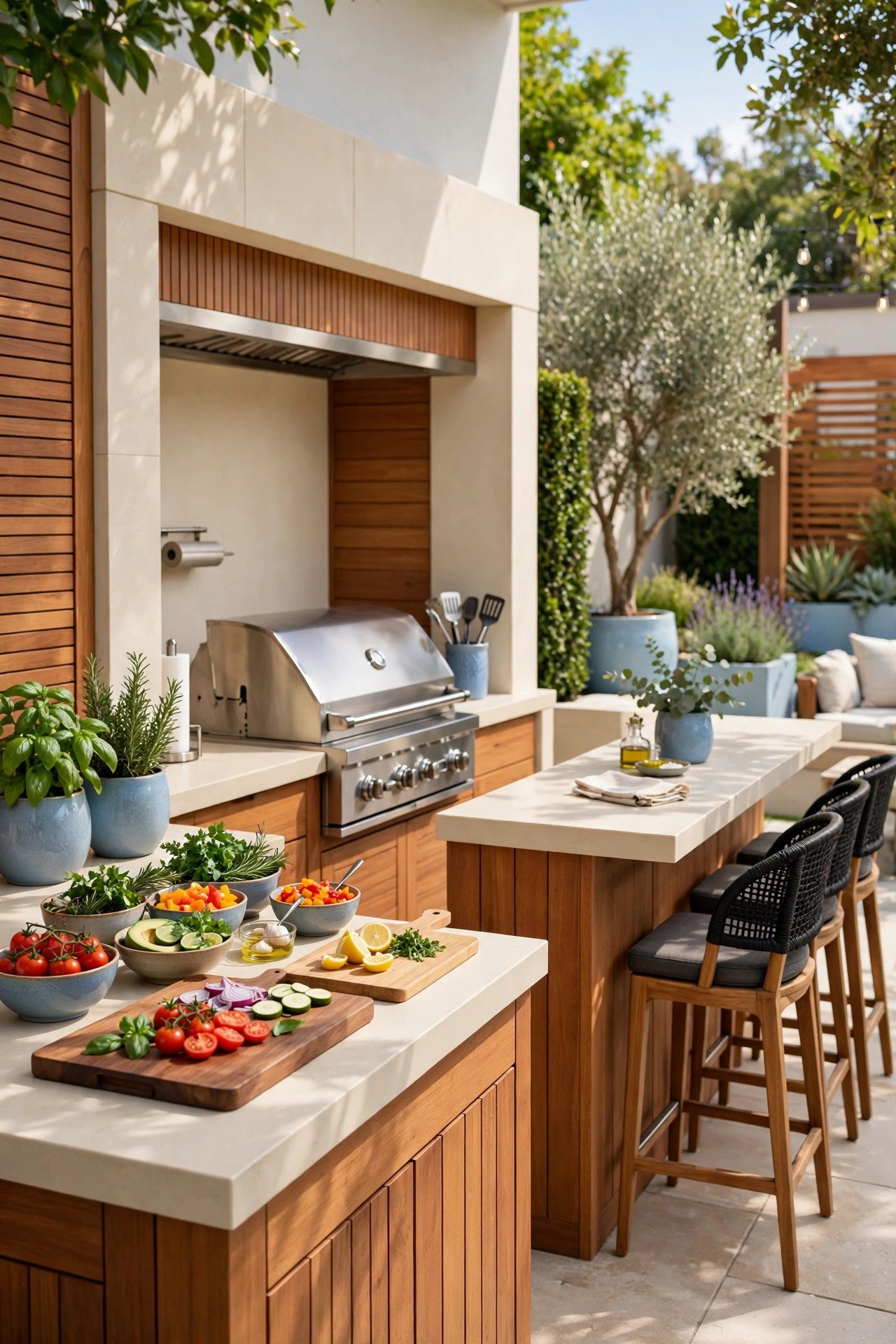 Outdoor kitchen with separate prep, grill, and serving zones plus a barstool peninsula