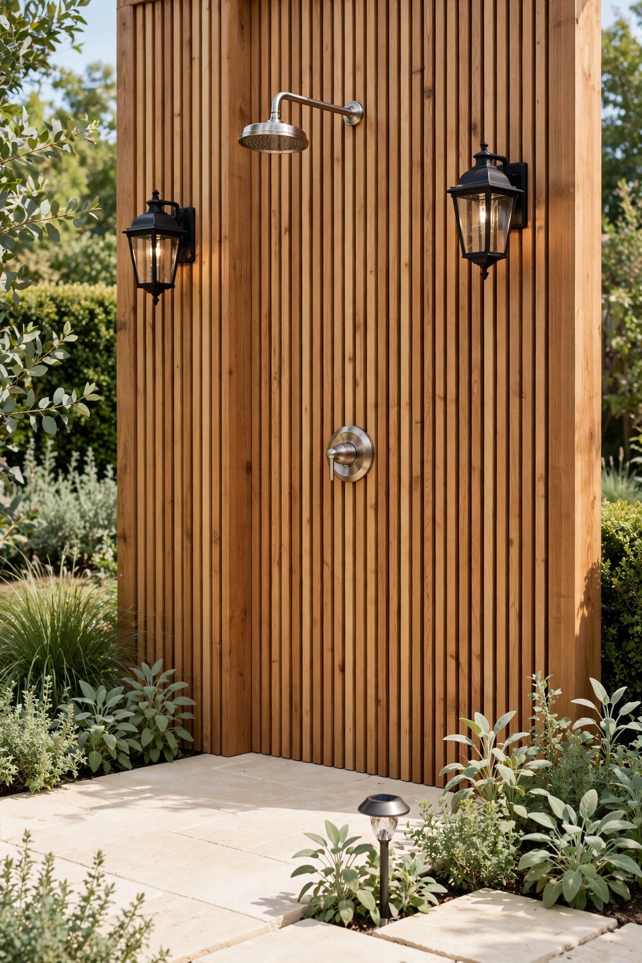 Outdoor shower with wall lanterns and warm lights among sage green plants in daylight