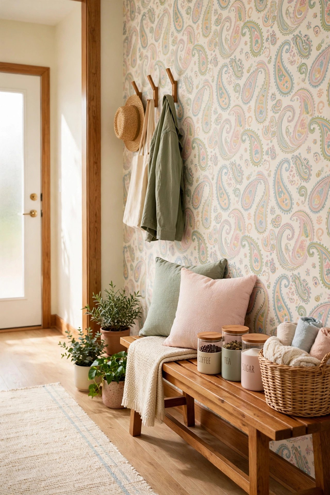 Colorful paisley peel and stick wallpaper in pastel tones on a cream background in a hallway