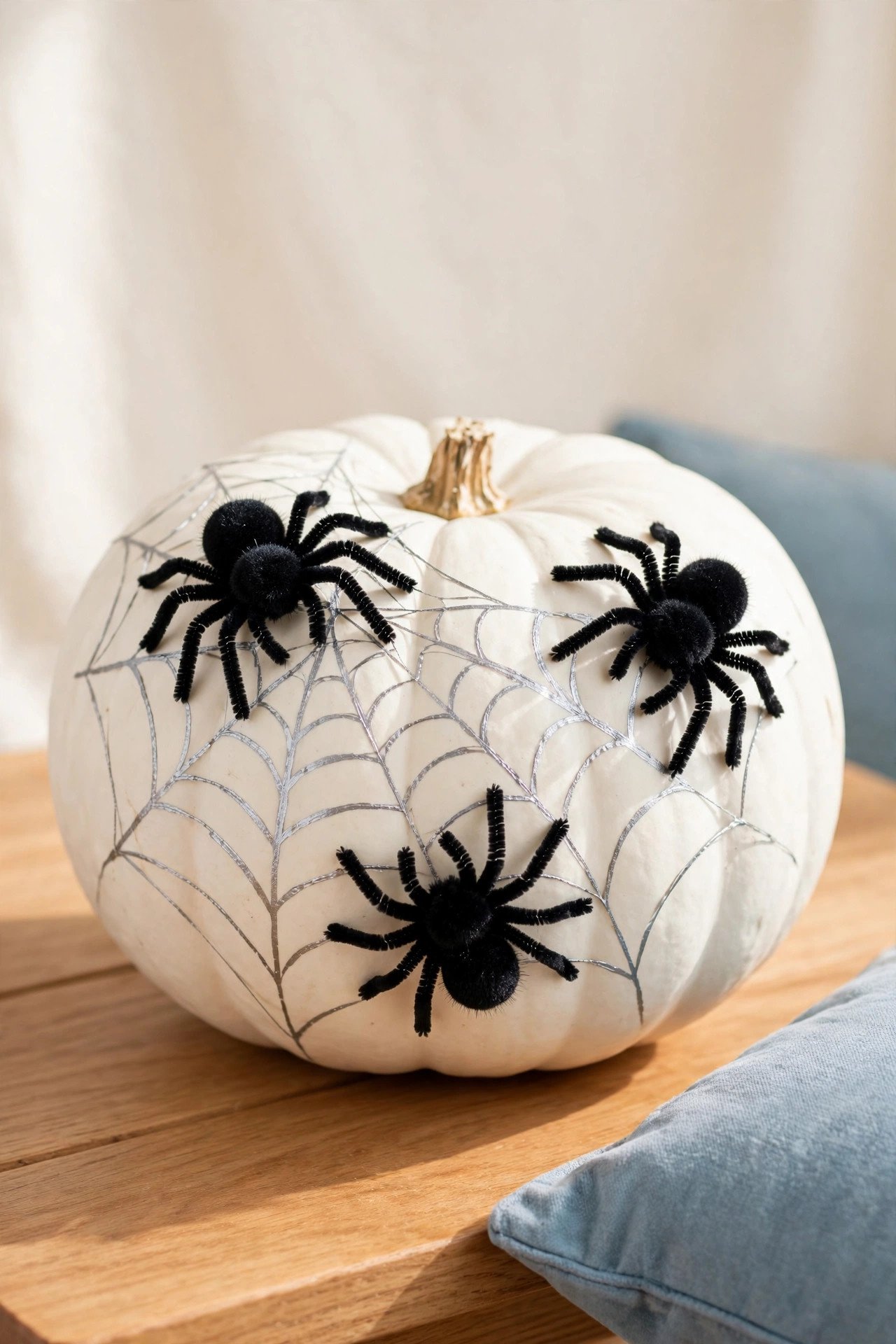 White pumpkin with black pipe cleaner spiders and a silver painted web stretched across it