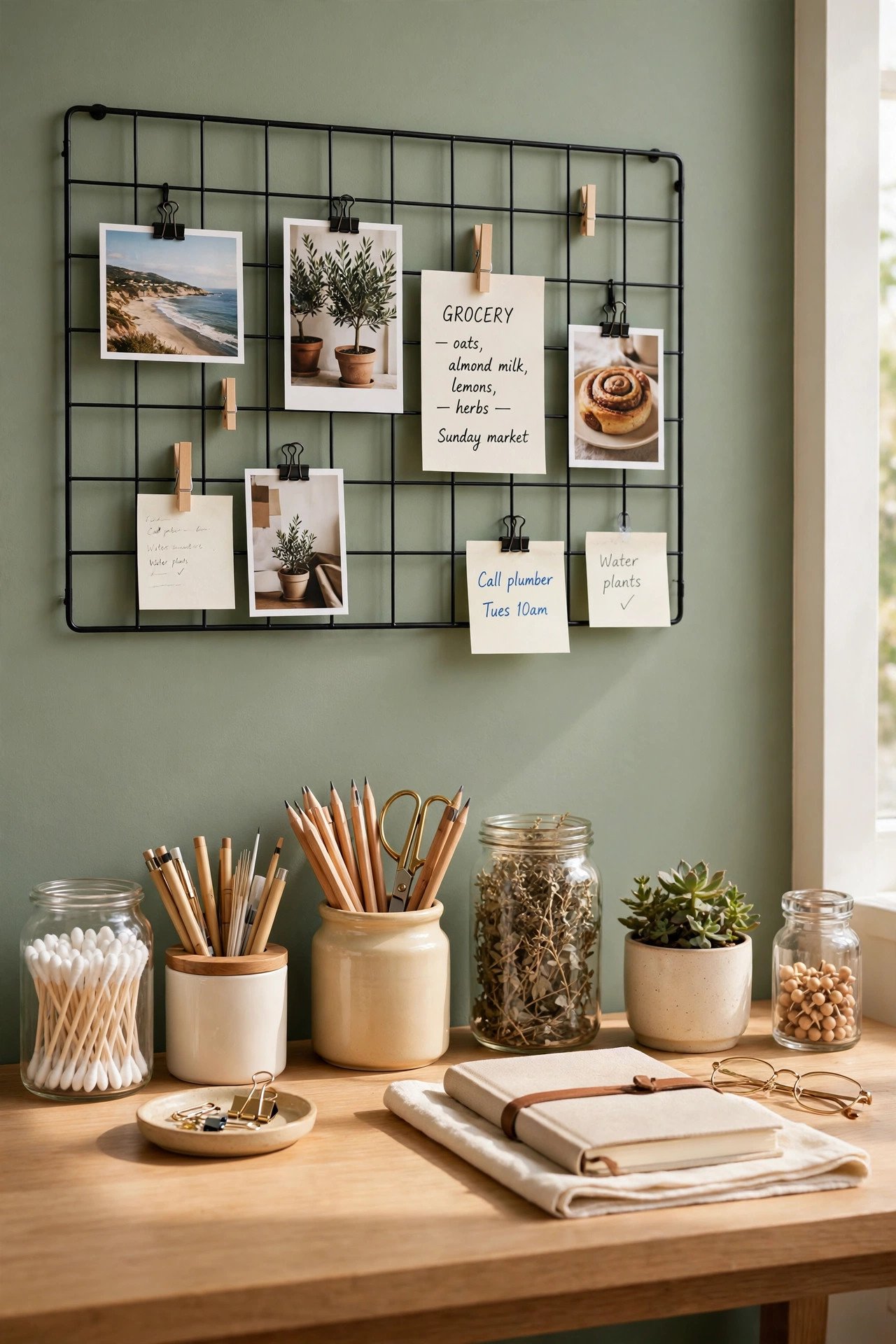 Wire photo grid with clipped photos and notes above a desk in sage green tones
