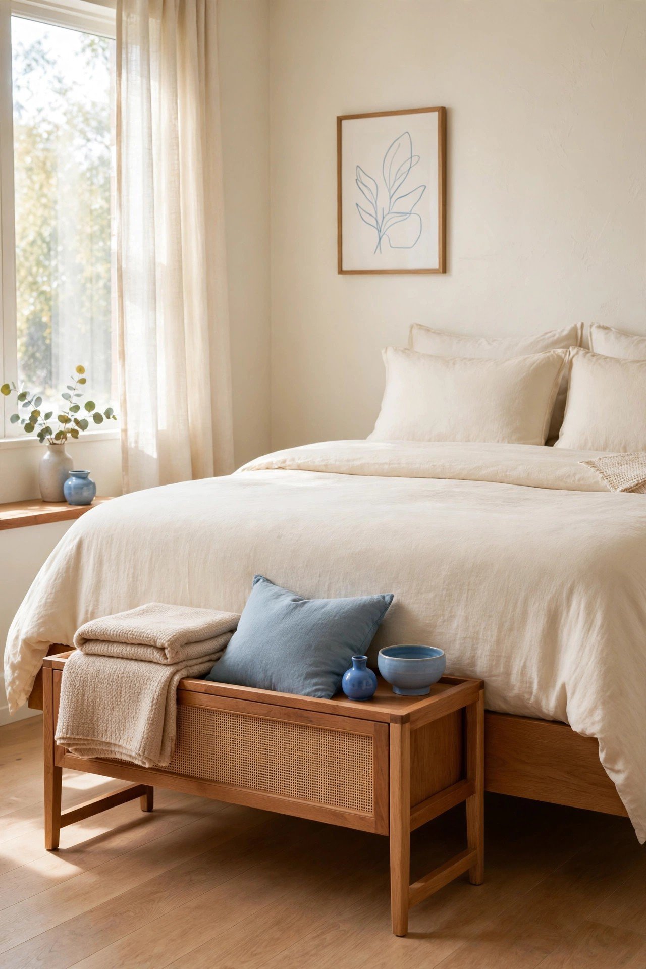 Slim storage bench with open legs at the foot of a queen bed in a small bedroom