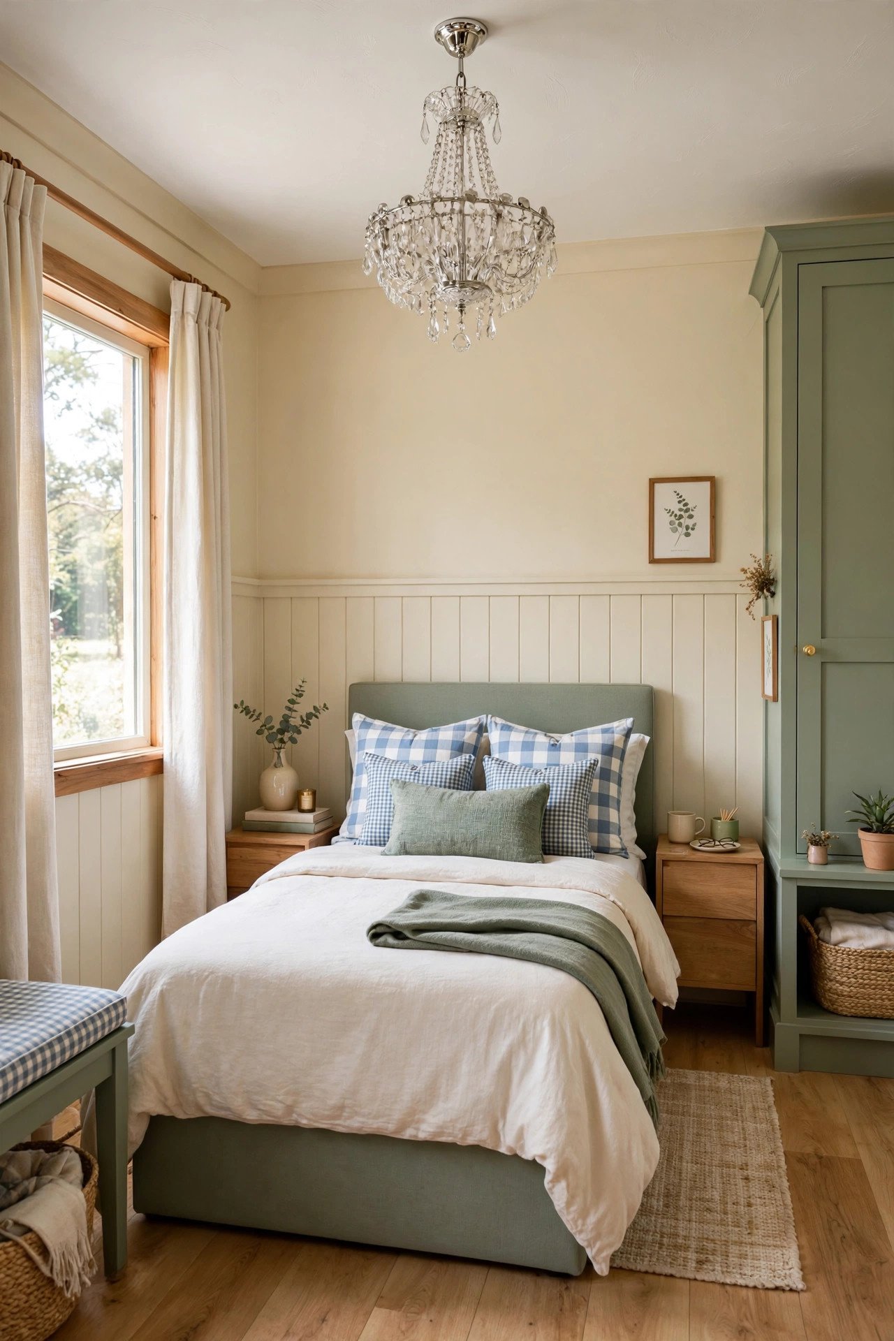 Country-style small guest room layout with gingham pillows, sage green furniture, and an elegant crystal chandelier