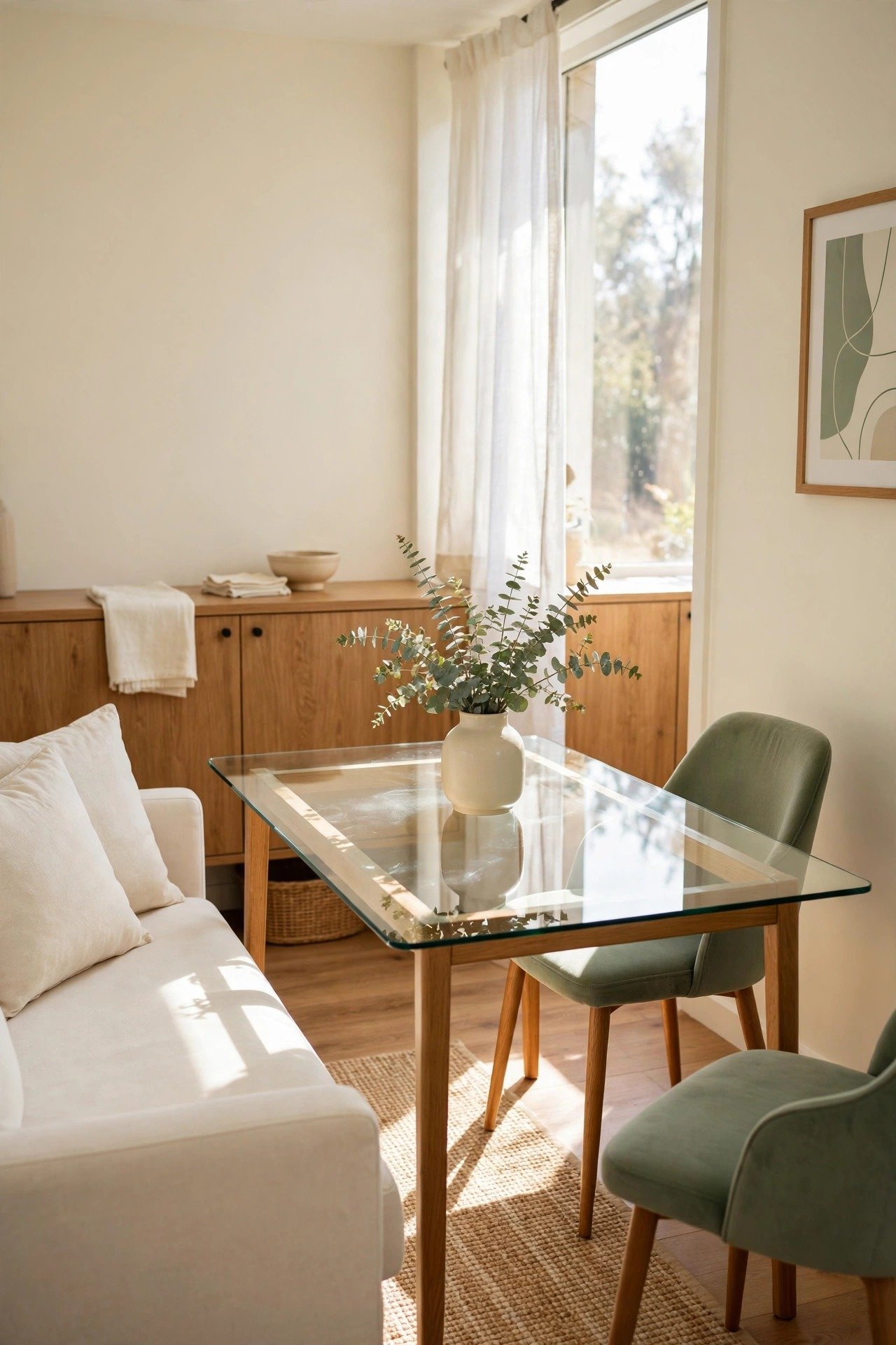 Glass dining table lightening a small living dining combo, light passing through beside an upholstered sofa