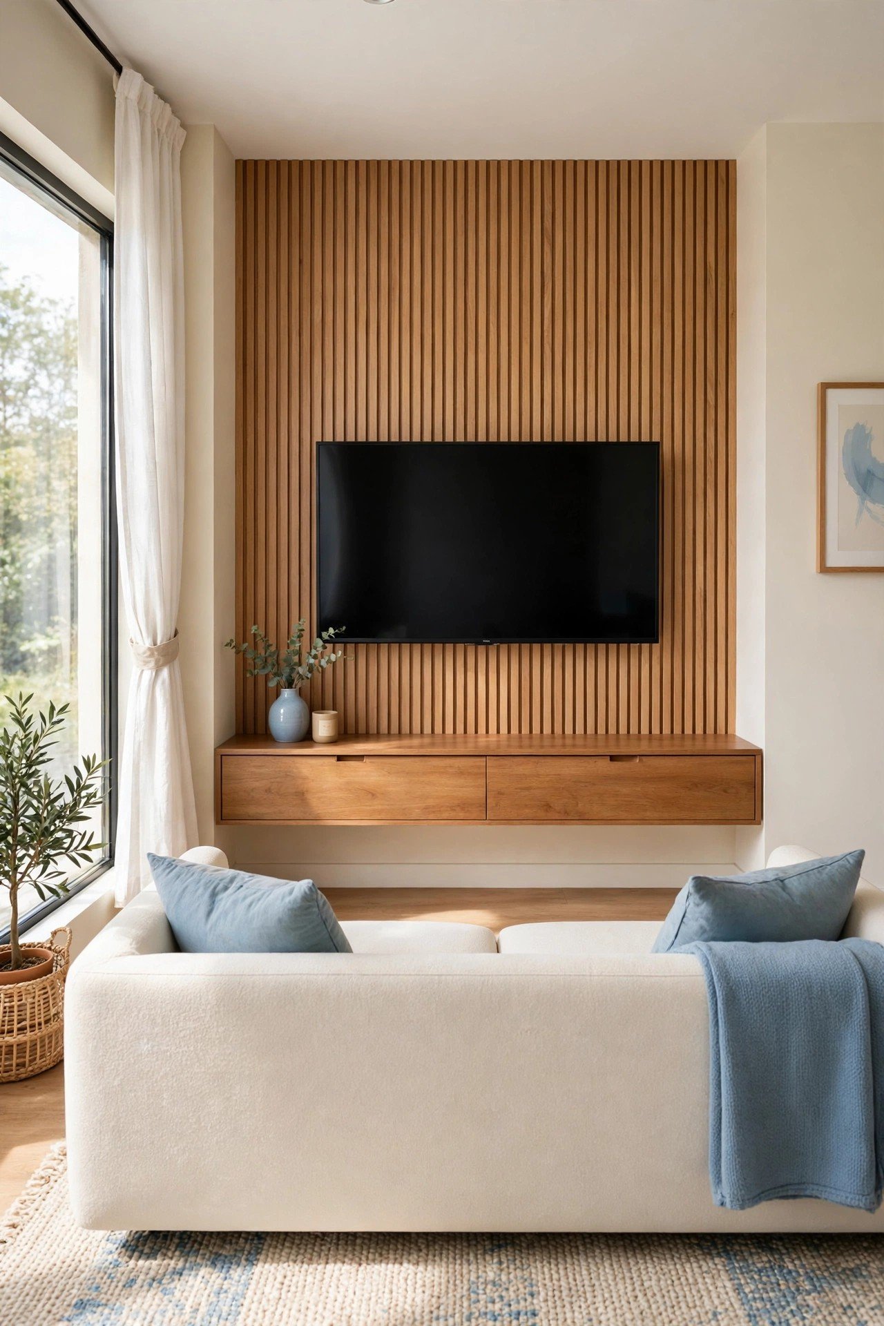 Small living room layout ideas with a slim floating media console mounted under a wall mounted television
