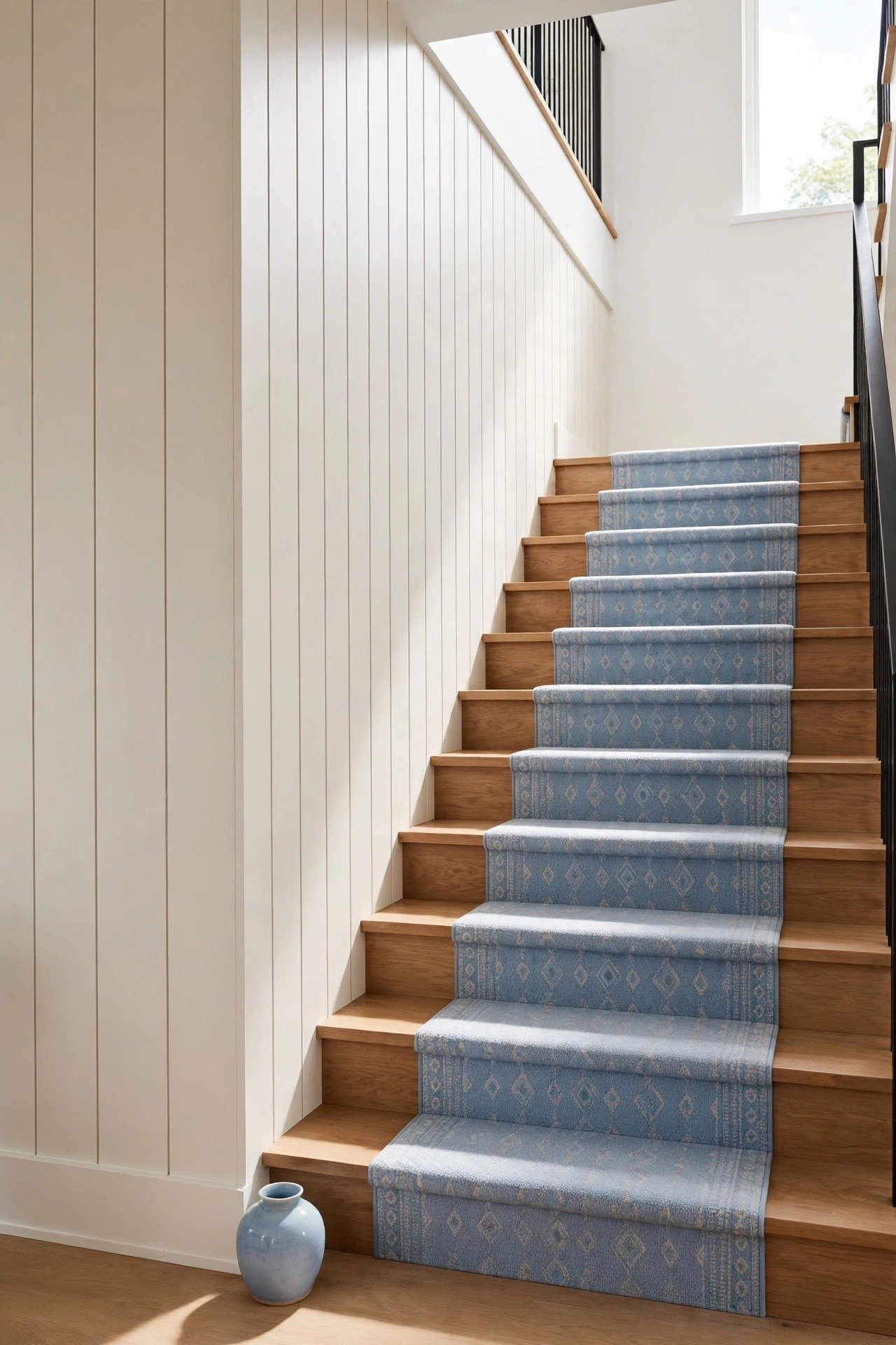 Vertical shiplap feature wall painted white on a staircase