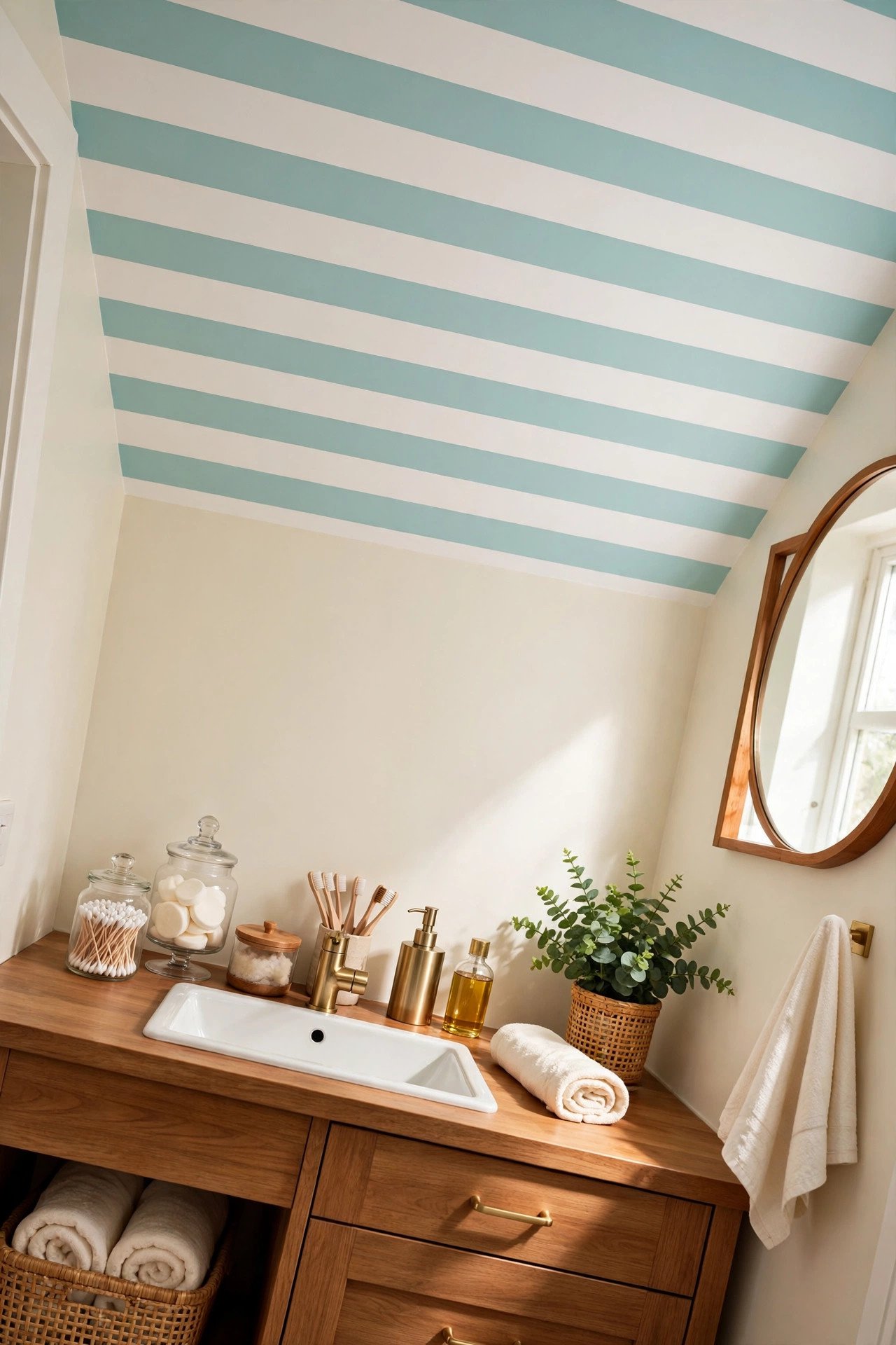 Striped small bathroom ceiling in white and soft aqua with a clean bright feel