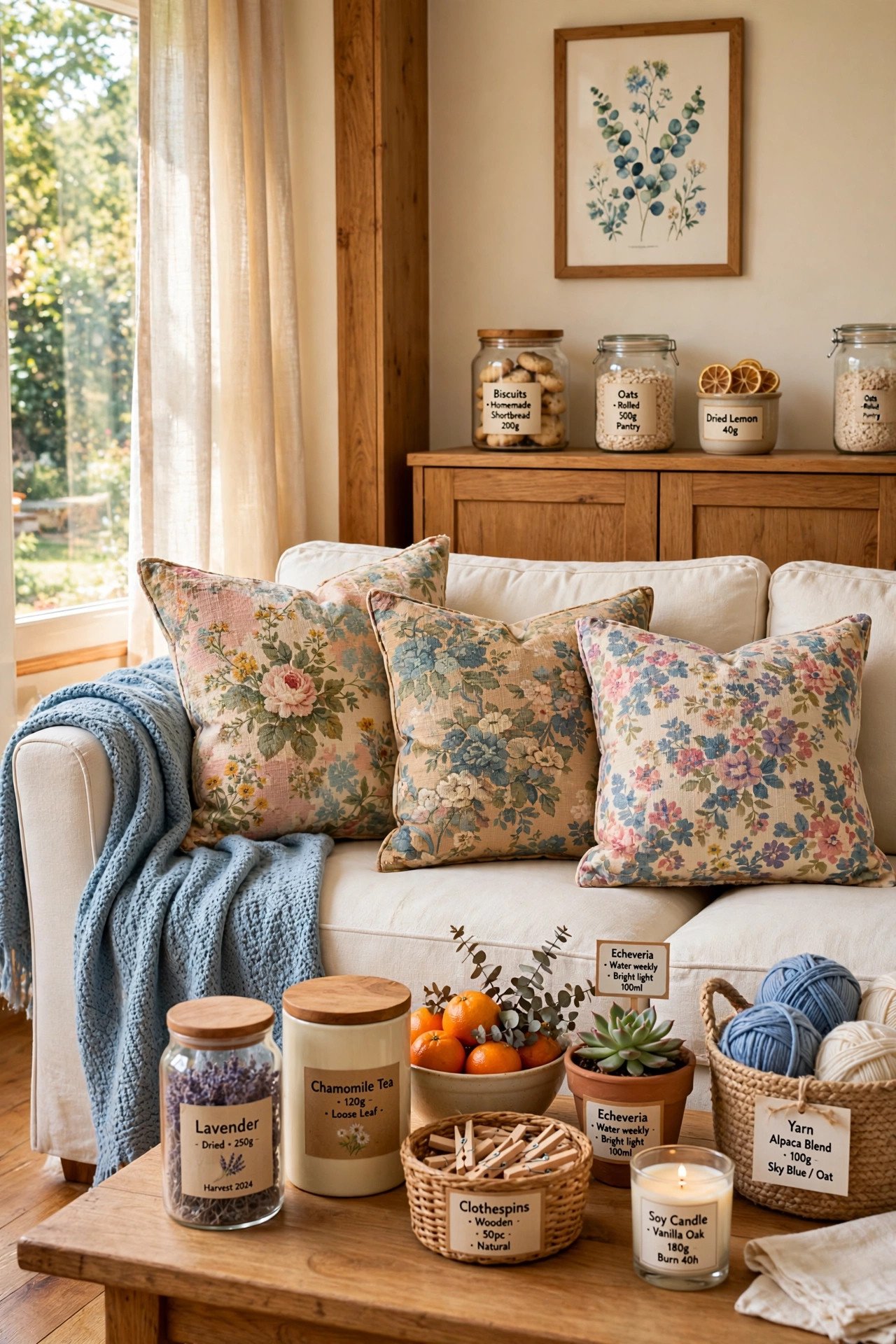 Throw pillows sewn from thrifted vintage fabric on a cream sofa in soft blue tones