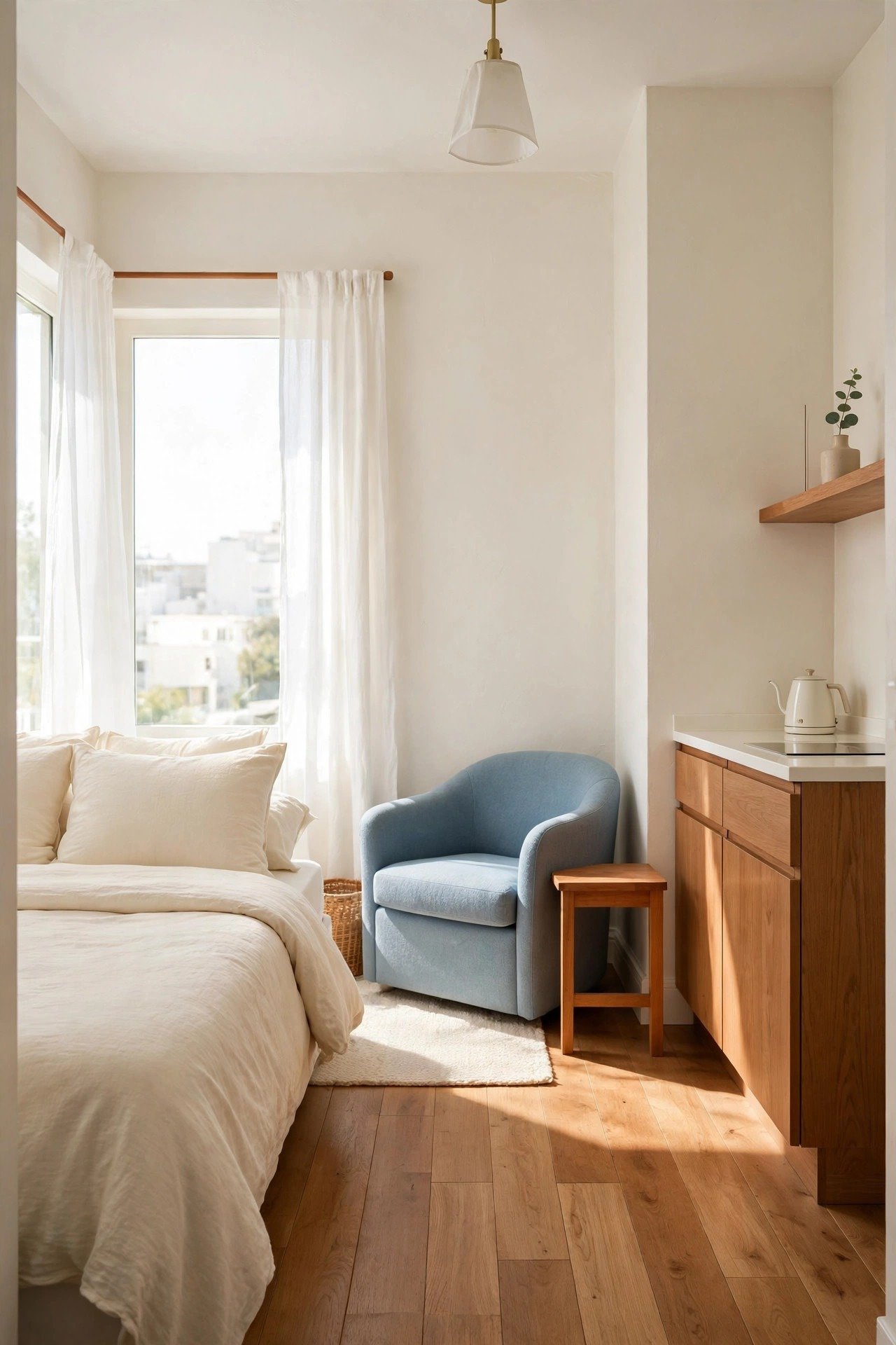 Tiny studio apartment layout idea with a light airy color palette of cream, soft blue, and white across the whole studio