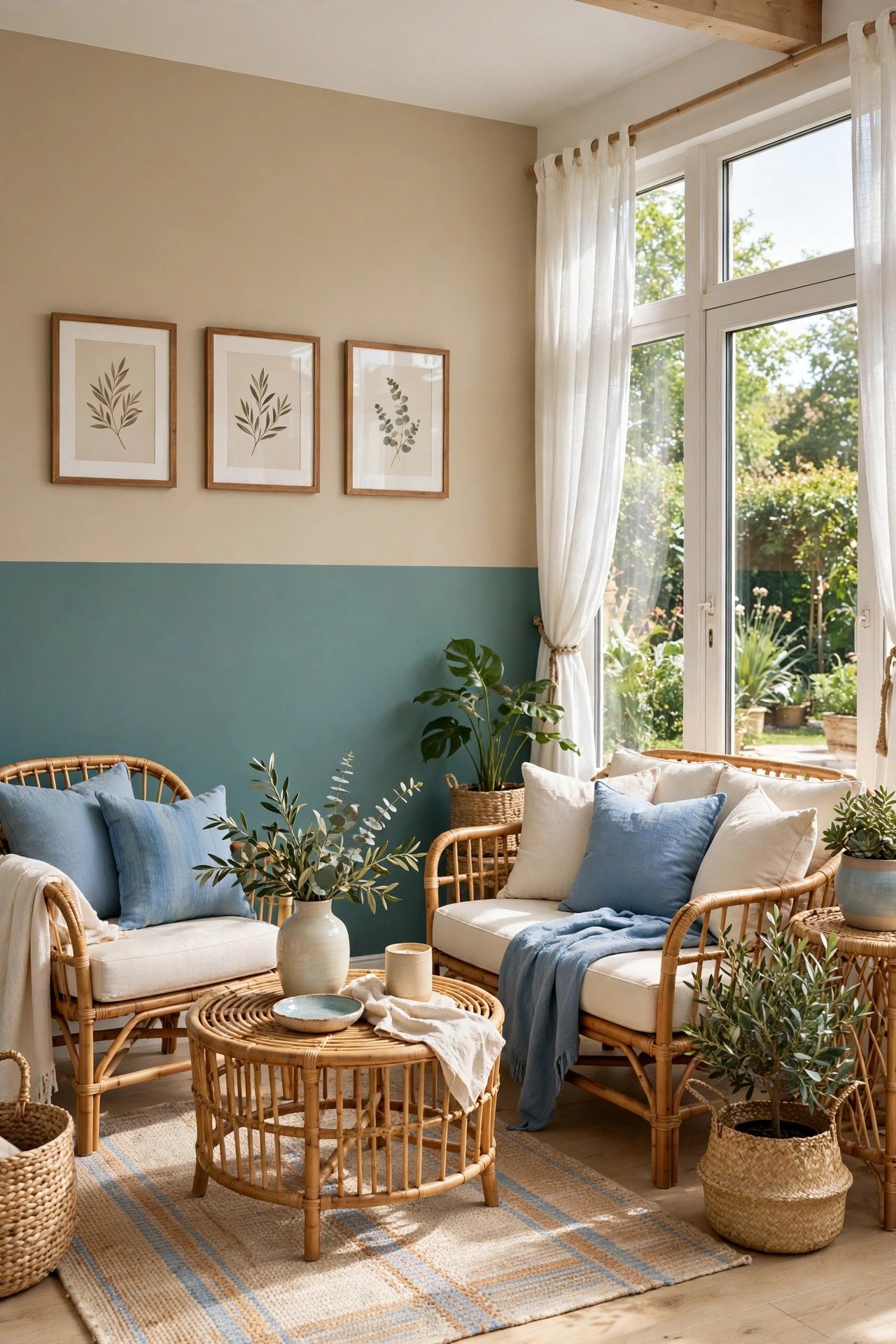 Teal and sand two tone wall paint ideas with muted teal and light sandy beige on a breezy sunroom wall