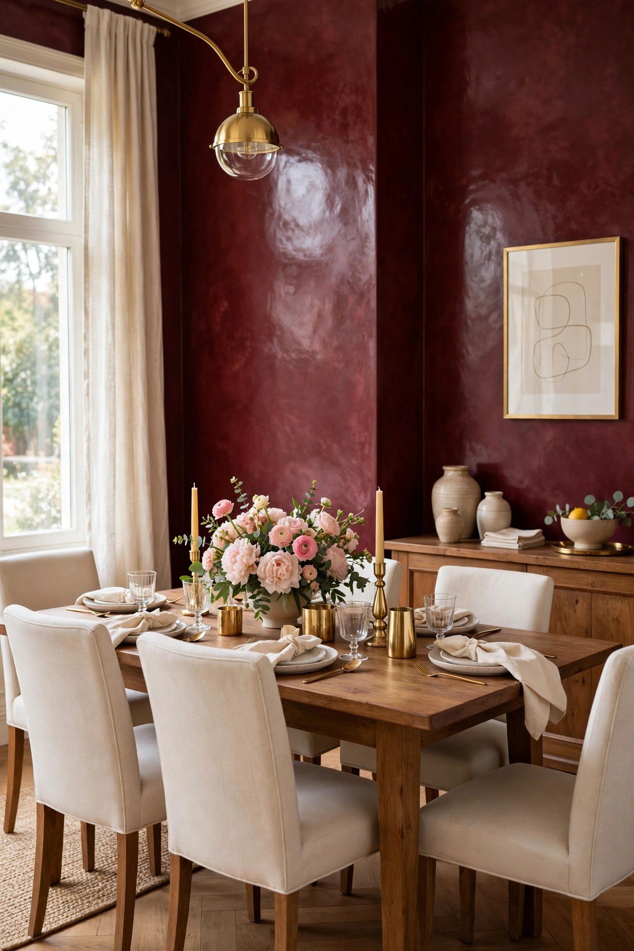 Rich burgundy Venetian plaster wall in an elegant dining room with gold accents