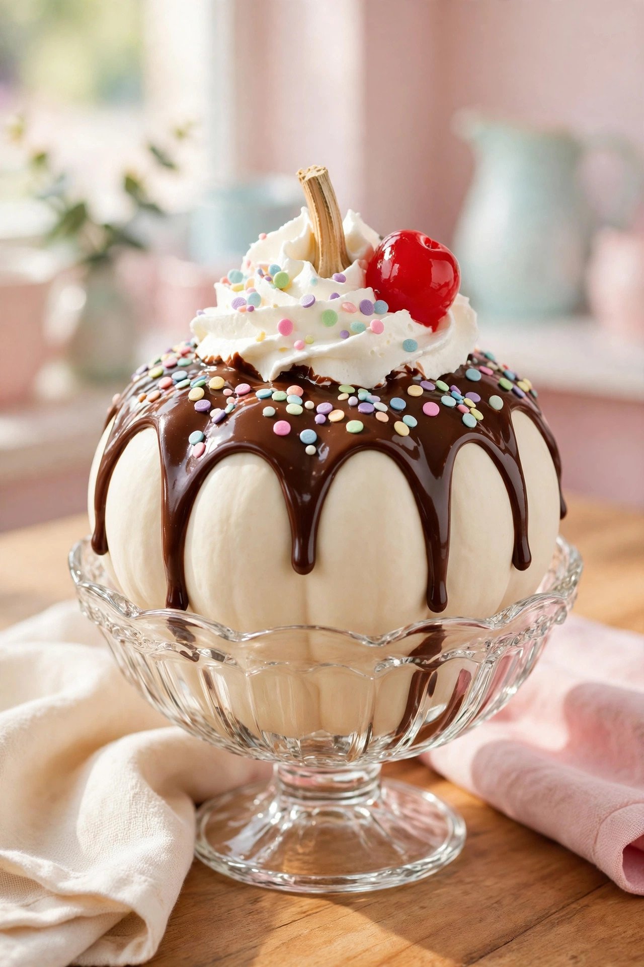 White pumpkin styled as an ice cream sundae with chocolate drizzle and cherry