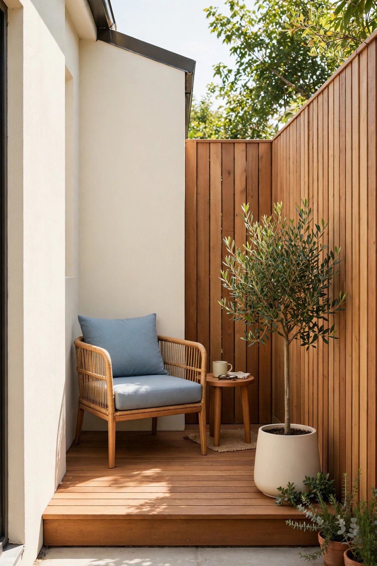 Small wooden deck built in a narrow side yard corner