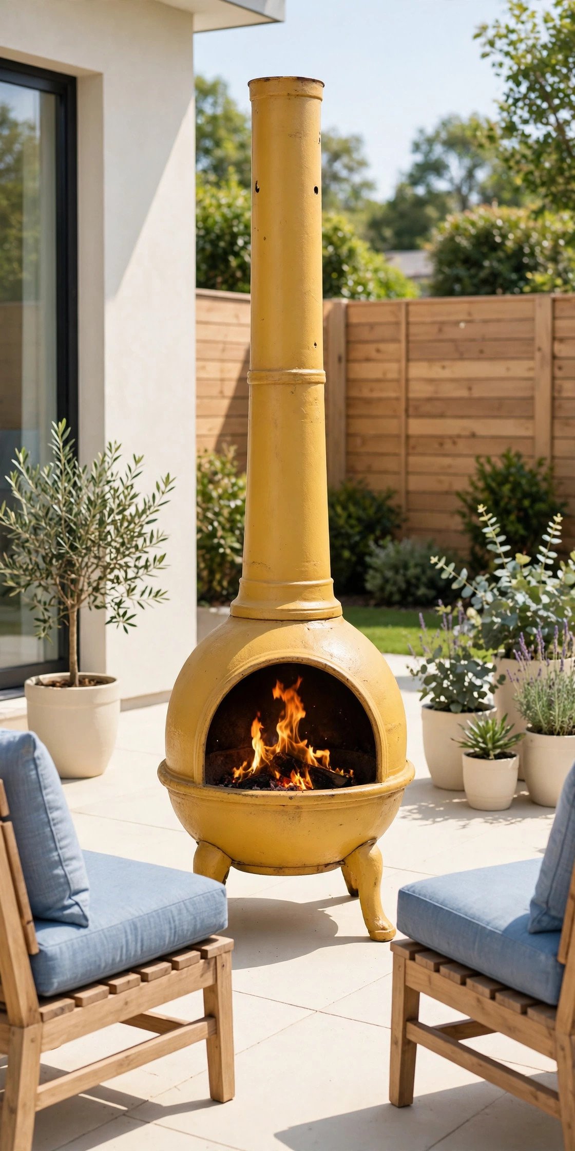 Mustard yellow chiminea fire pit with soft blue cushions on a patio