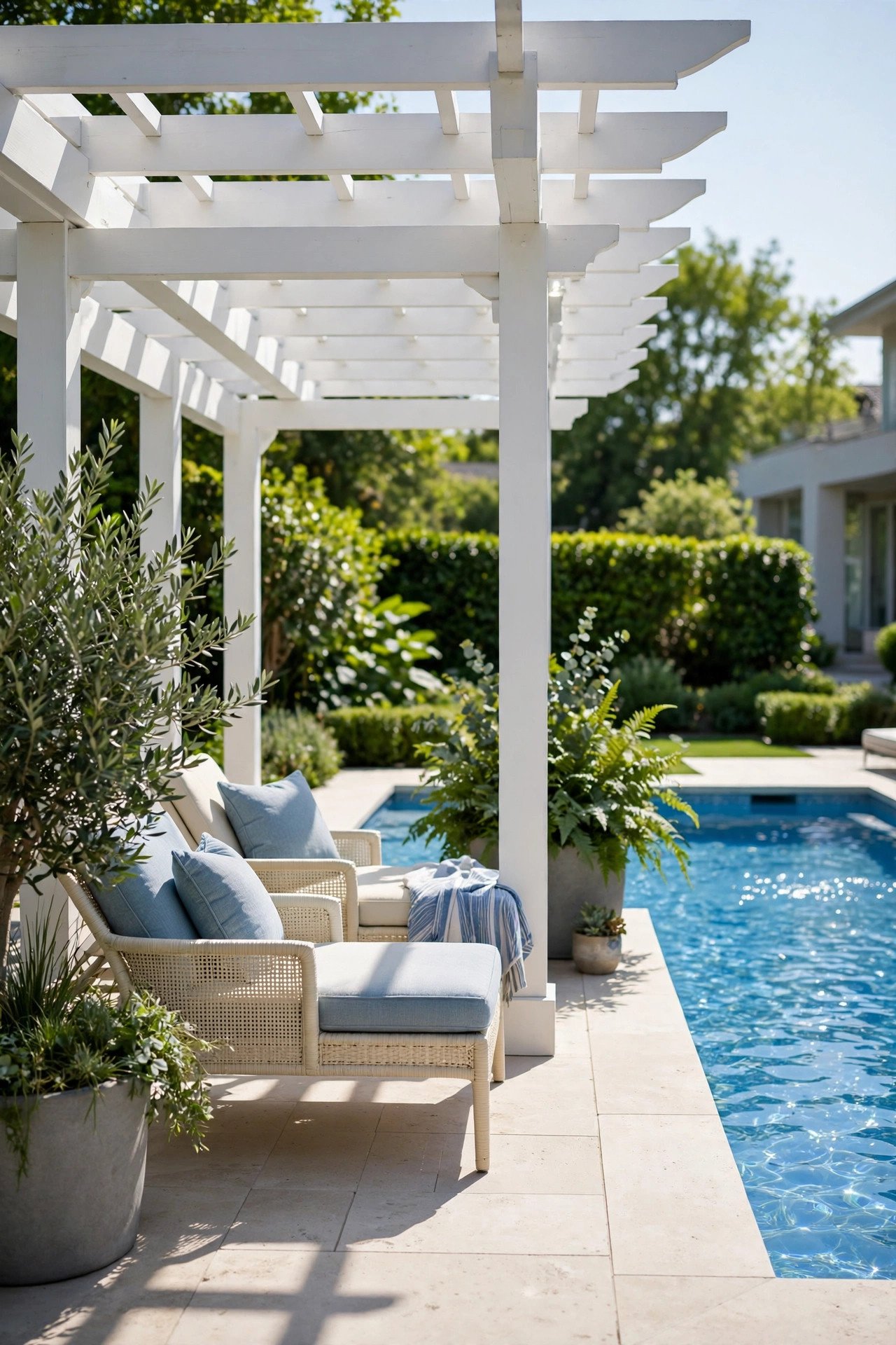 White poolside pergola shading lounge chairs by the pool