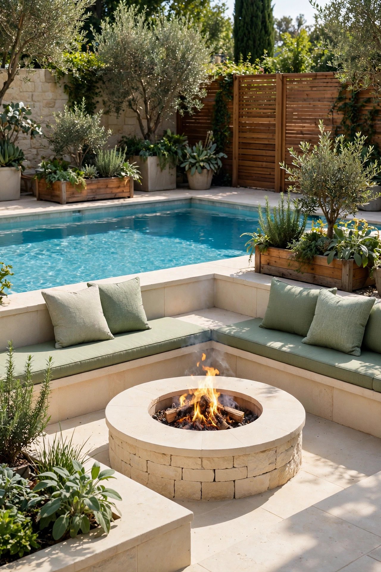 Pool deck with built-in fire pit and lounge seating