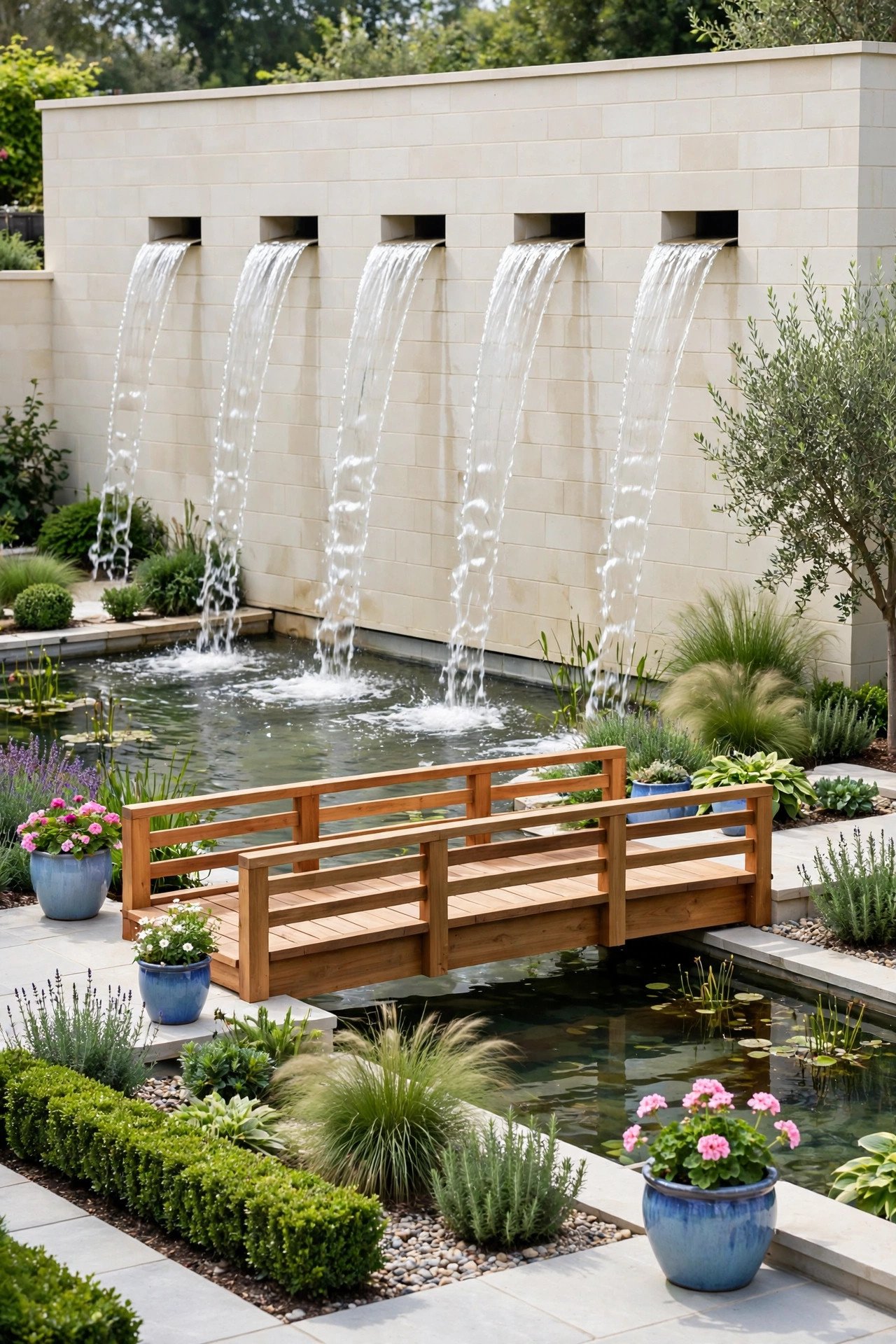 Waterfall flowing from a stone retaining wall