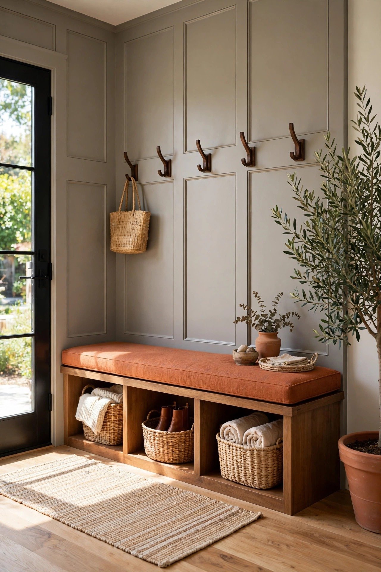 Mudroom with warm gray board and batten walls, wood hooks, and a cubby storage bench