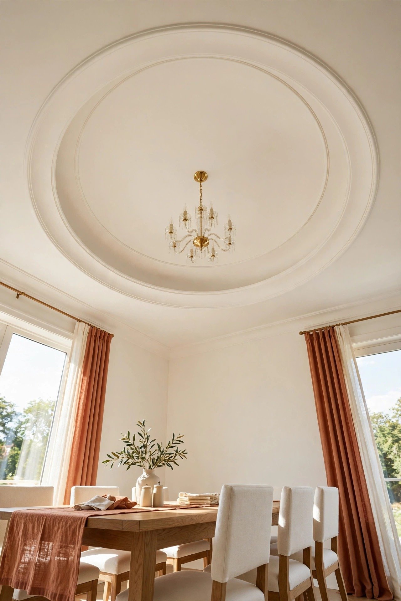 Formal dining room ceiling with a gentle circular dome in the center holding a small chandelier