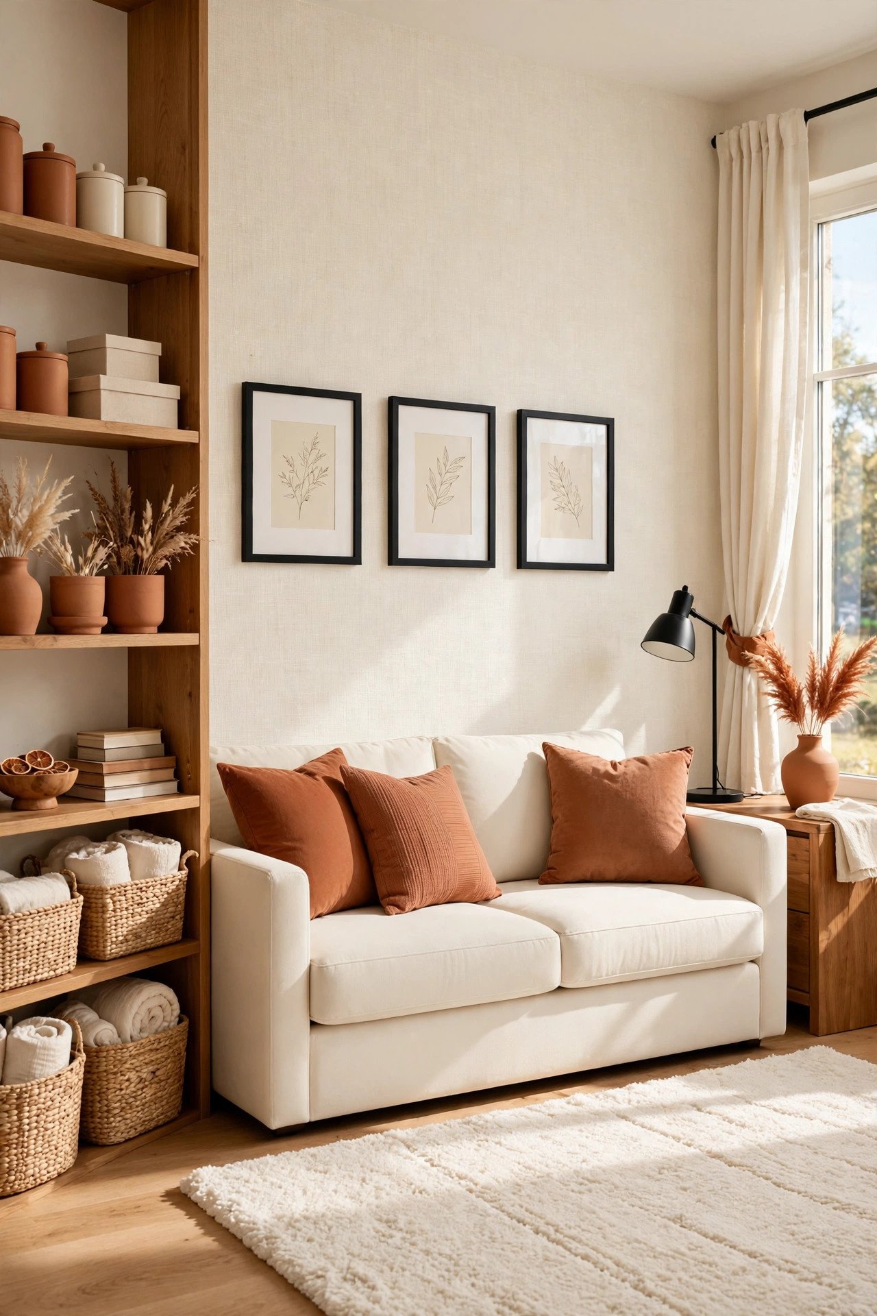 Cream living room with textured wallpaper, plush rug, and black accents