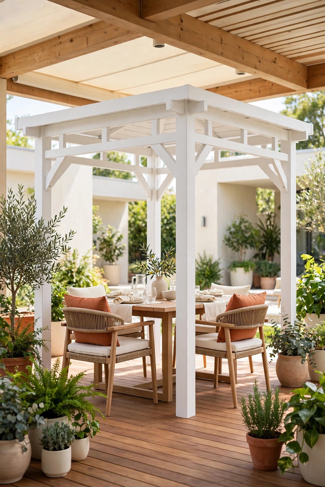 Covered patio with living green roof and hanging plants
