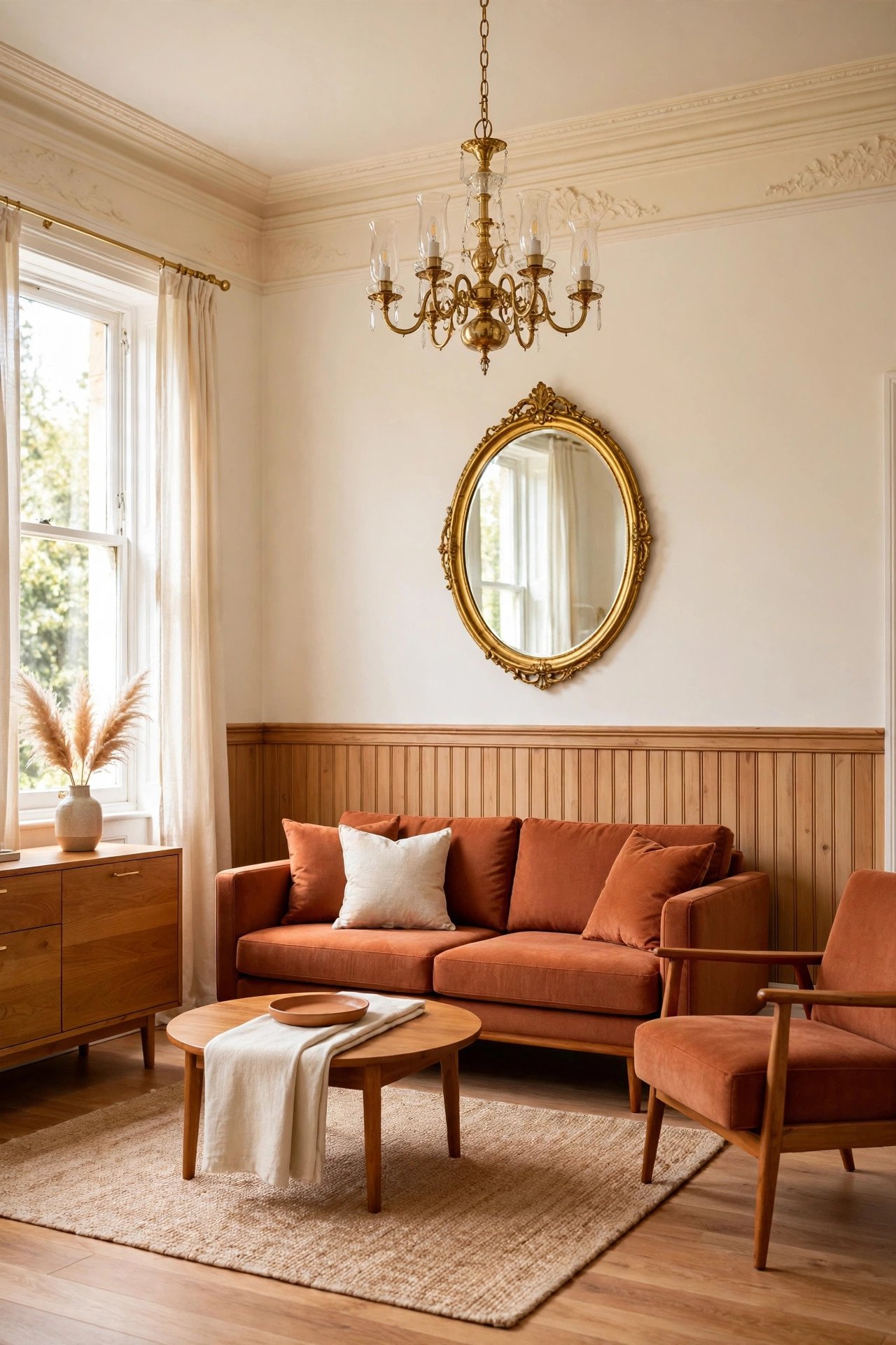 Victorian style room with detailed picture rail molding along upper walls, oval mirror, and chandelier