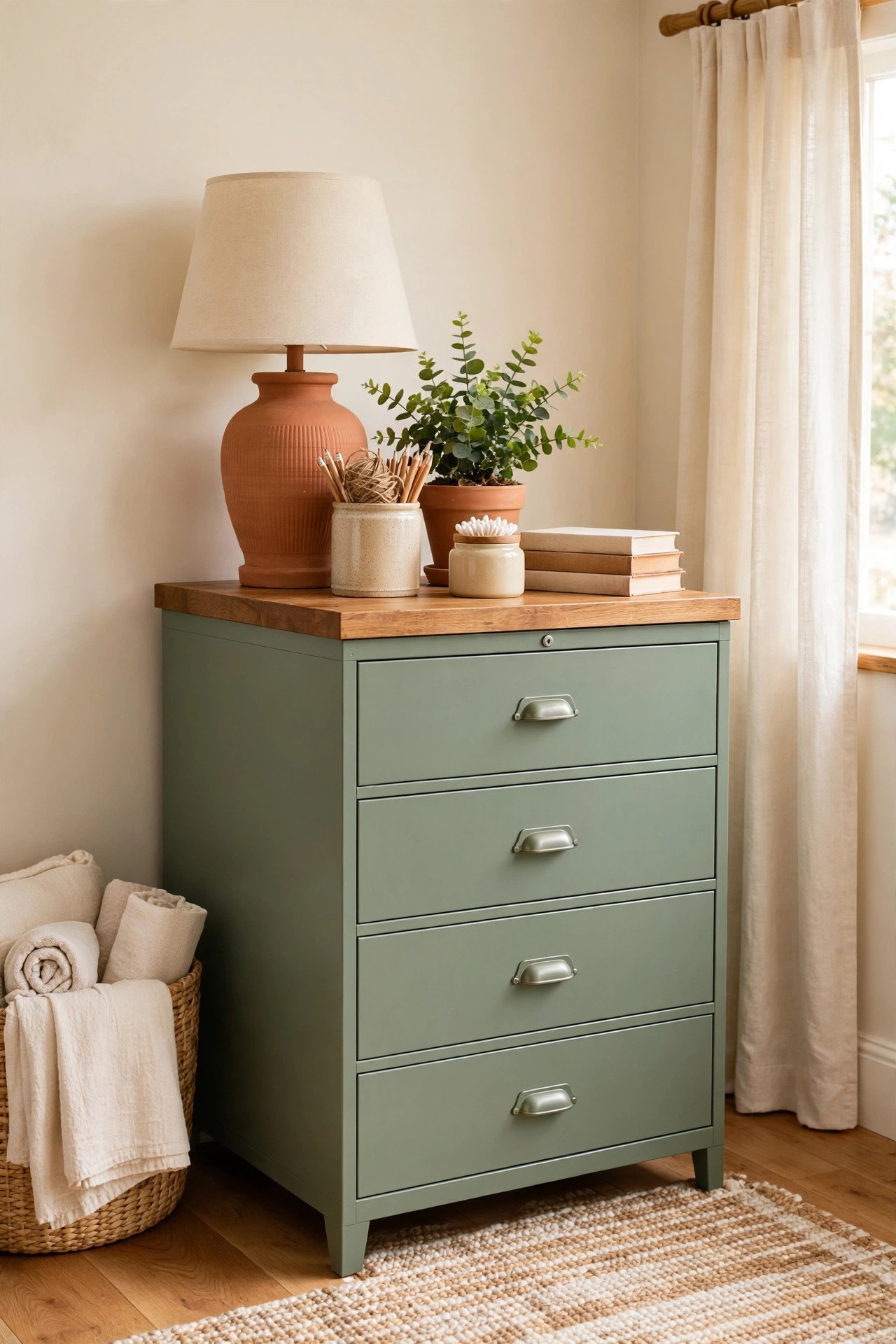 Metal filing cabinet painted sage green used as a side table with a lamp in terracotta tones