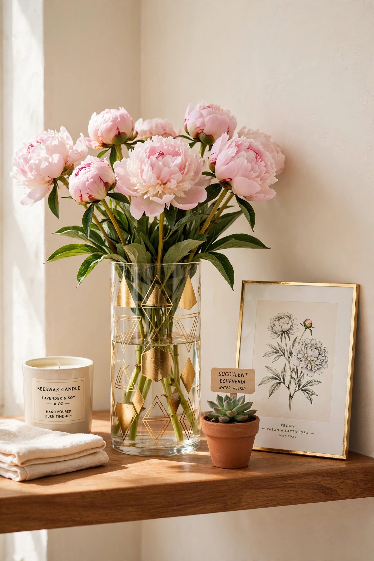 Gold foil accent decor with geometric foil shapes on a glass vase and picture frame in blush pink tones