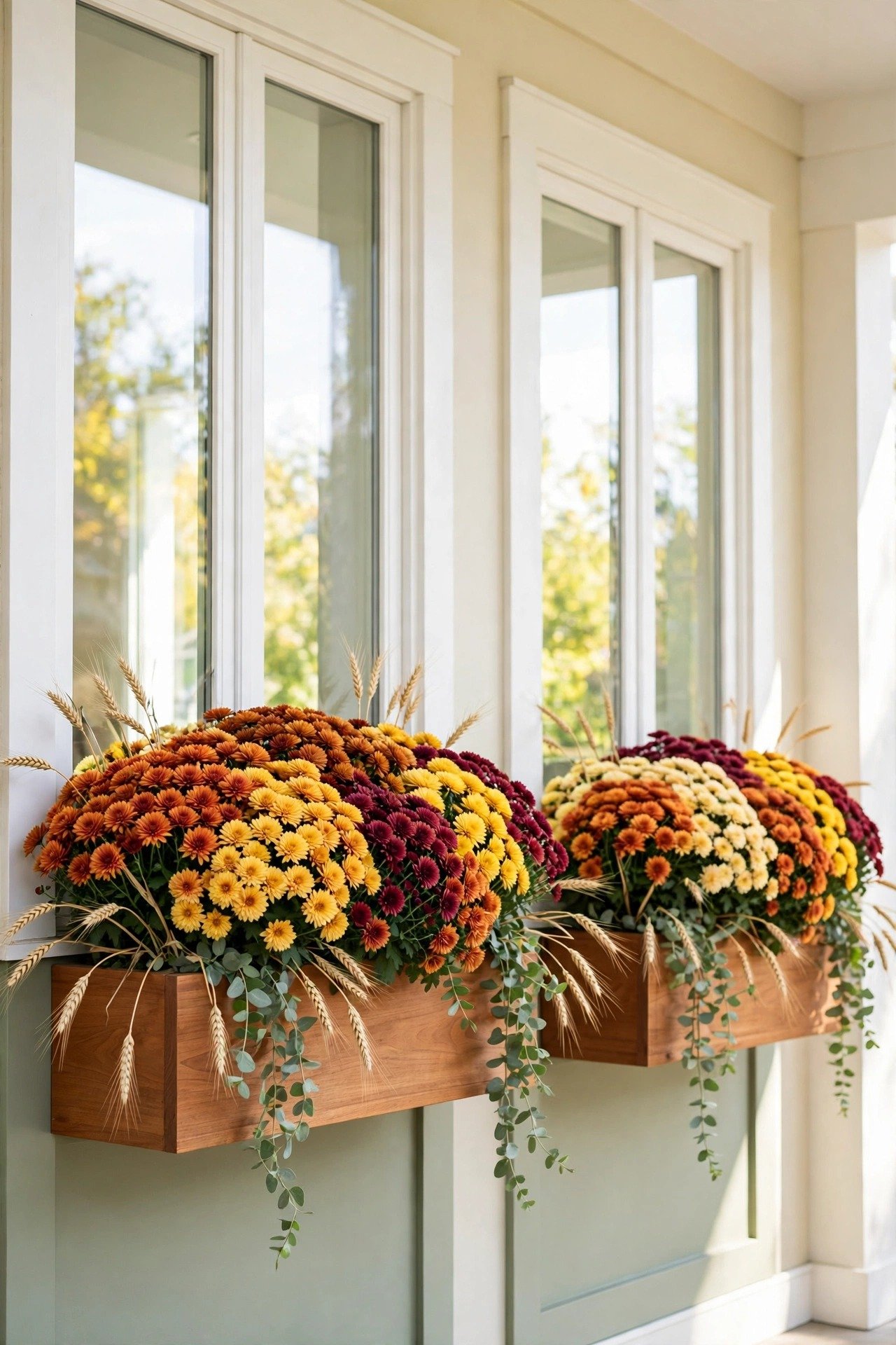 Porch window boxes overflowing with blooming mums in autumn colors